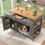 Kitchen Island with 3 Drawers, Spice Rack and Pet Storage Area, Grey