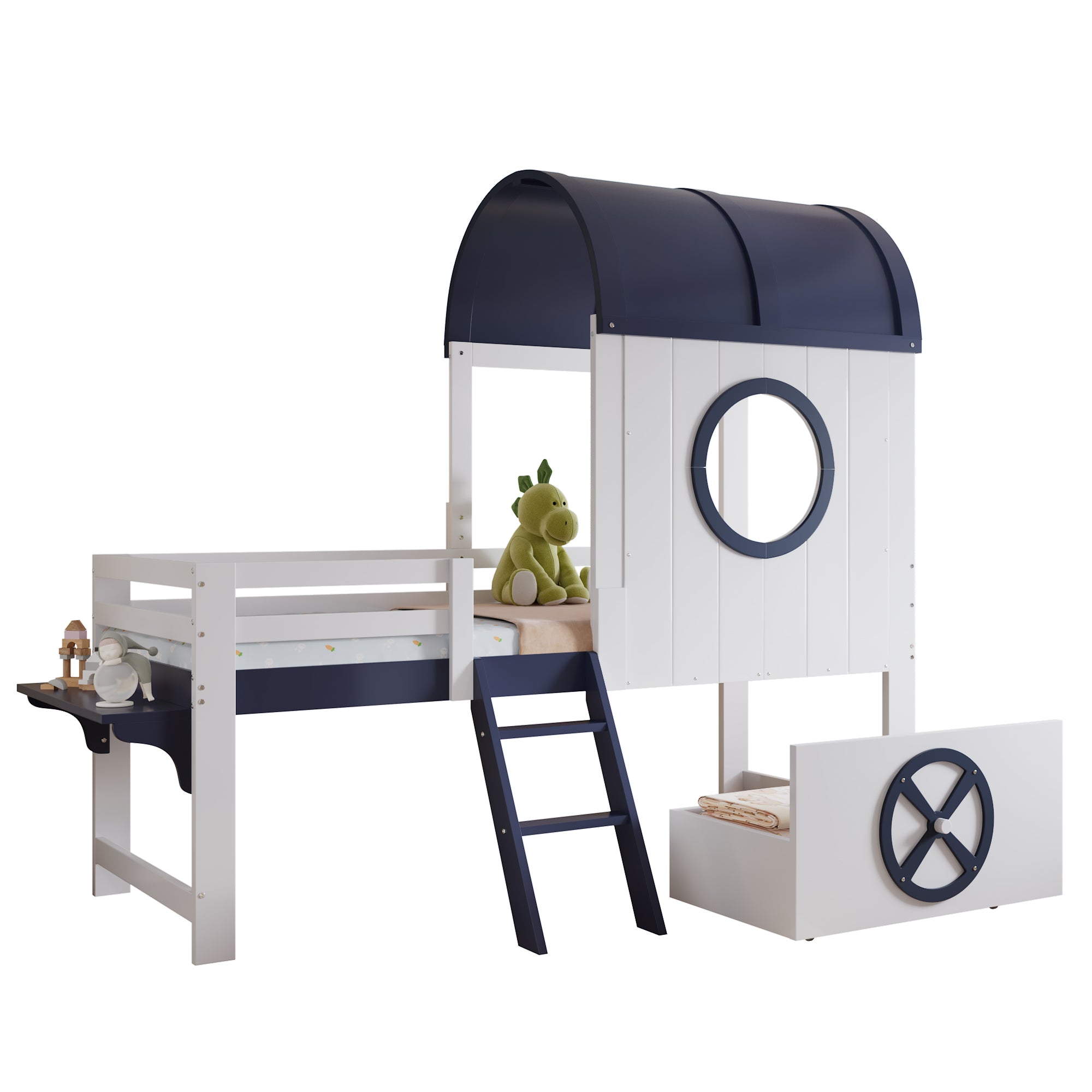 Bunk Bed, Half-Height Kids Bed with Roof, Window, Drawer & Ladder, Pine + MDF + Plywood, White + Dark Blue, 90x200cm