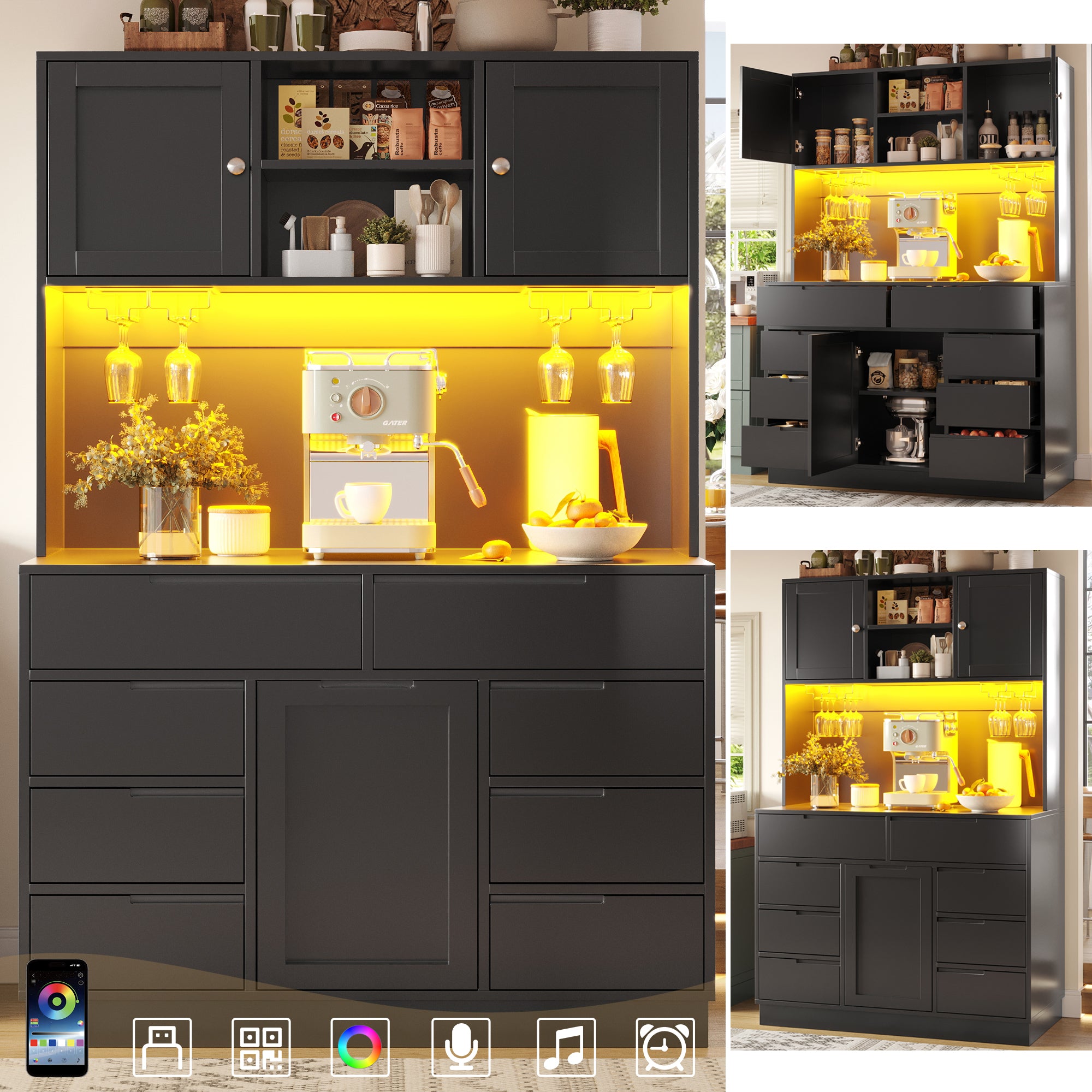 Tall Cabinet 120x40x183.5cm Smart LED Lighting 8 Drawers Adjustable Shelves Black