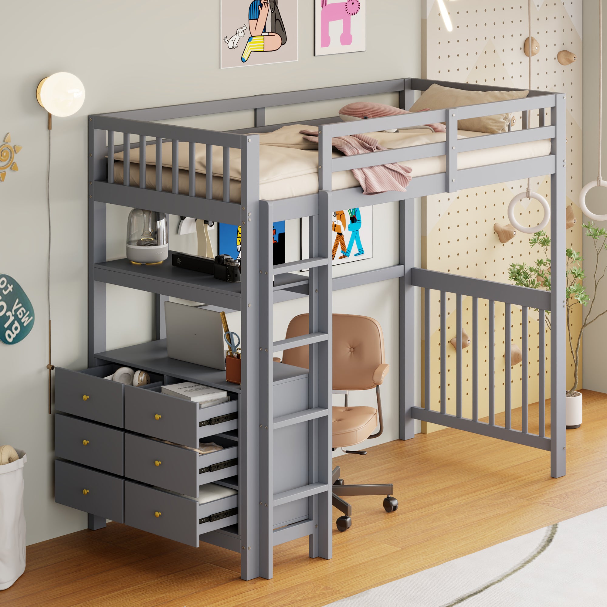 Loft Bed, 90x200cm with Ladder, Drawers, Shelves, Slatted Frame, Pinewood, Grey
