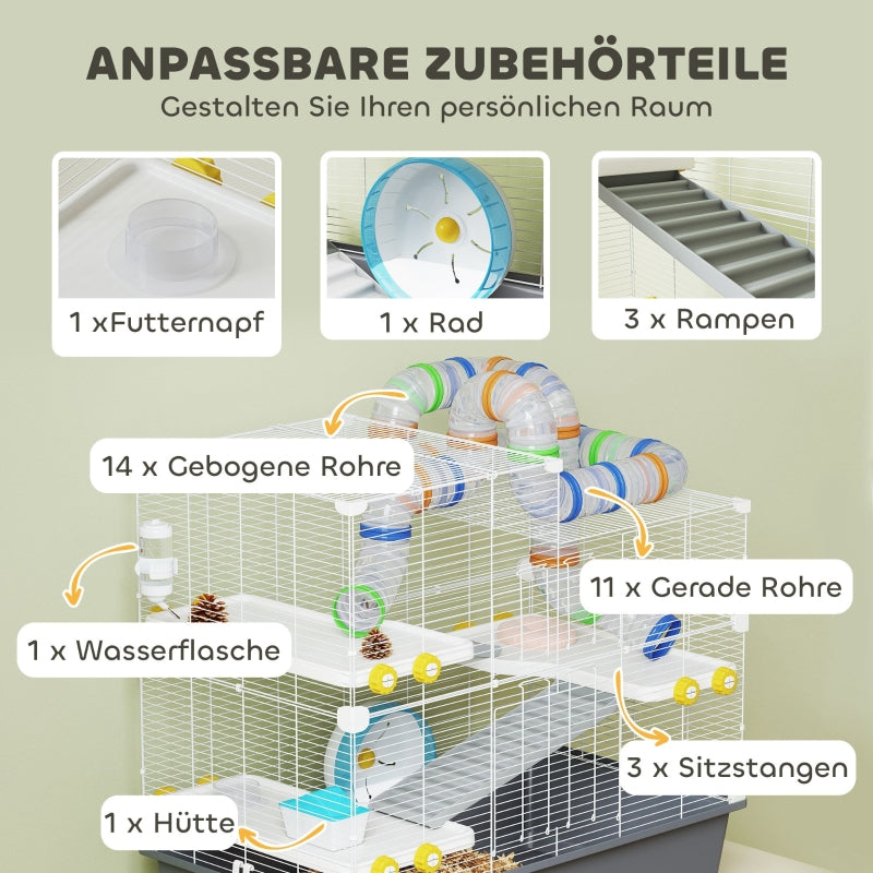 Dwarf Hamster Cage, 4 Levels, Tunnel System, Grey