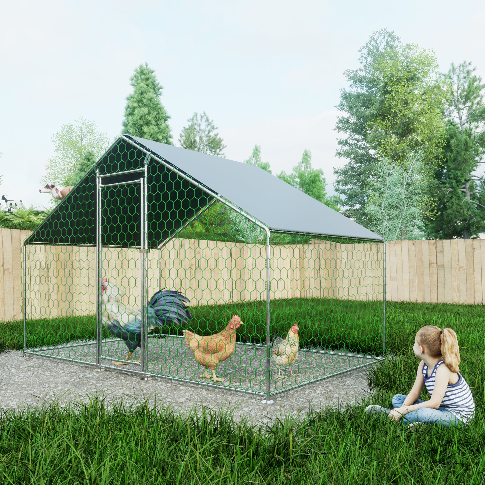 Free-Range Chicken Coop 3x2x2m, Safety Lock, Waterproof PE Cloth, Metal