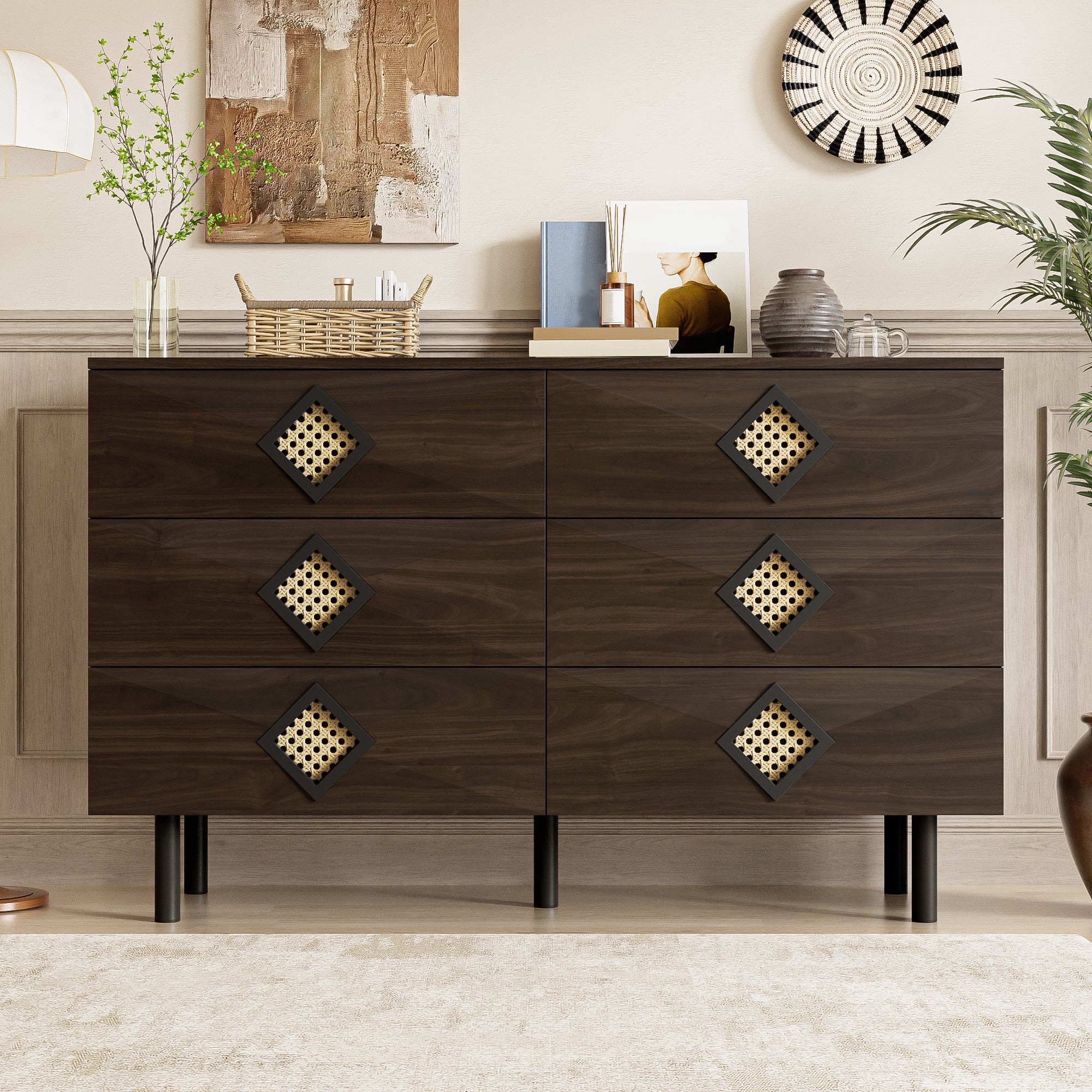 Dressing Table, 6-Drawer with Rattan Handle, Elegant for Bedroom & Living Room