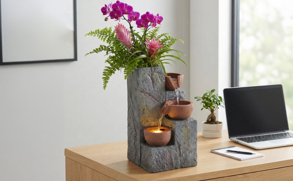 Garden Fountain with Three-Tier Waterfall and Antique Standing Basin, 230V Metal Finish