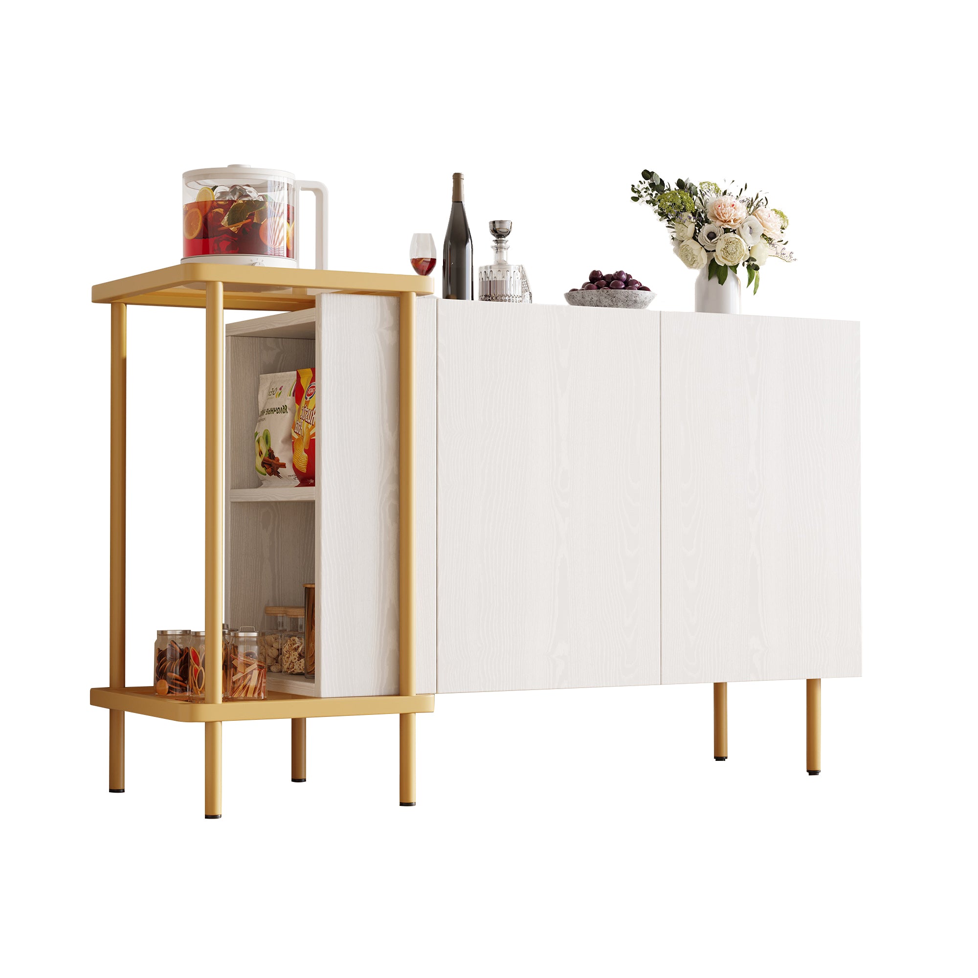 Sideboard Cabinet & Coffee Table, 2 Doors 2 Open Compartments, Metal/Glass White, 120 x 40 x 77.5 cm