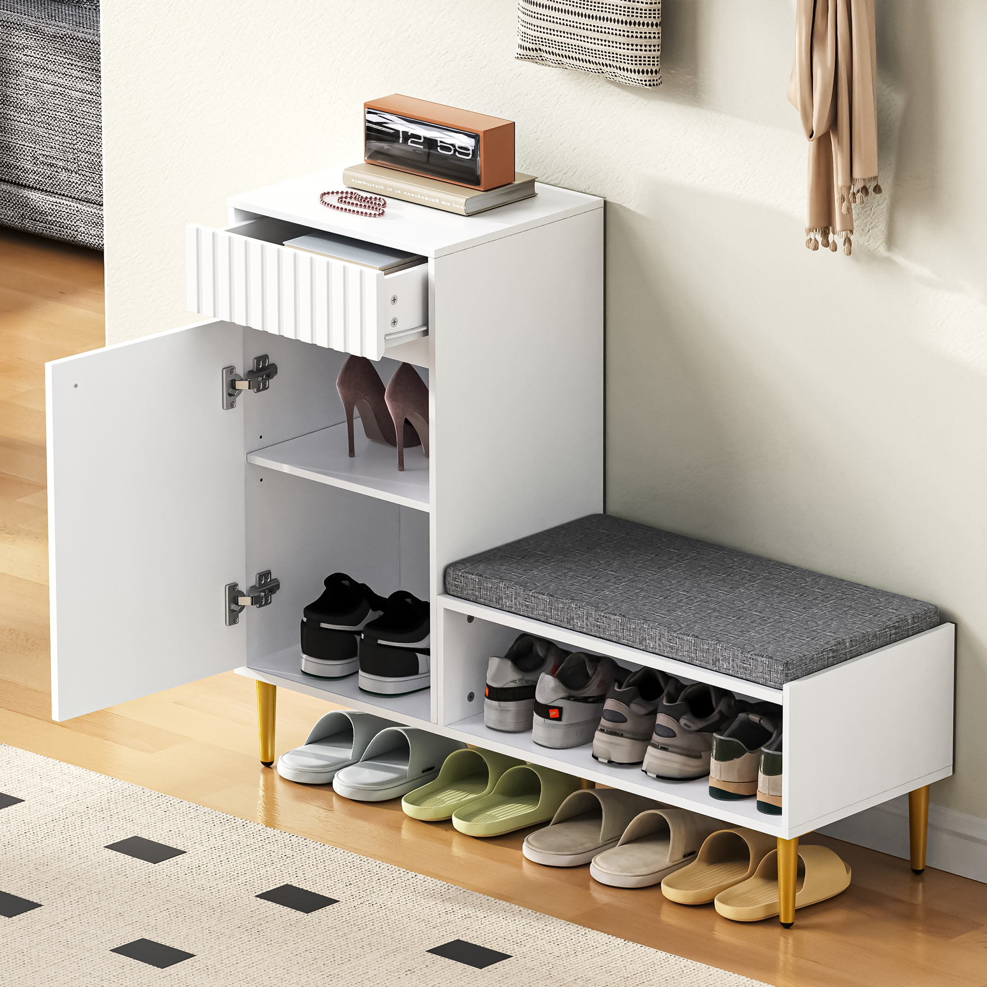 Shoe Cabinet with Bench, Upholstered, 1 Door 1 Drawer 1 Open Shelf, White
