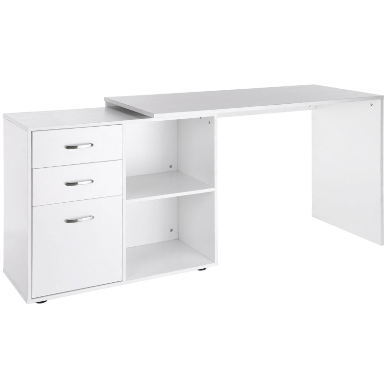 L Shaped Computer Desk, Reversible with Drawers and Shelves, White