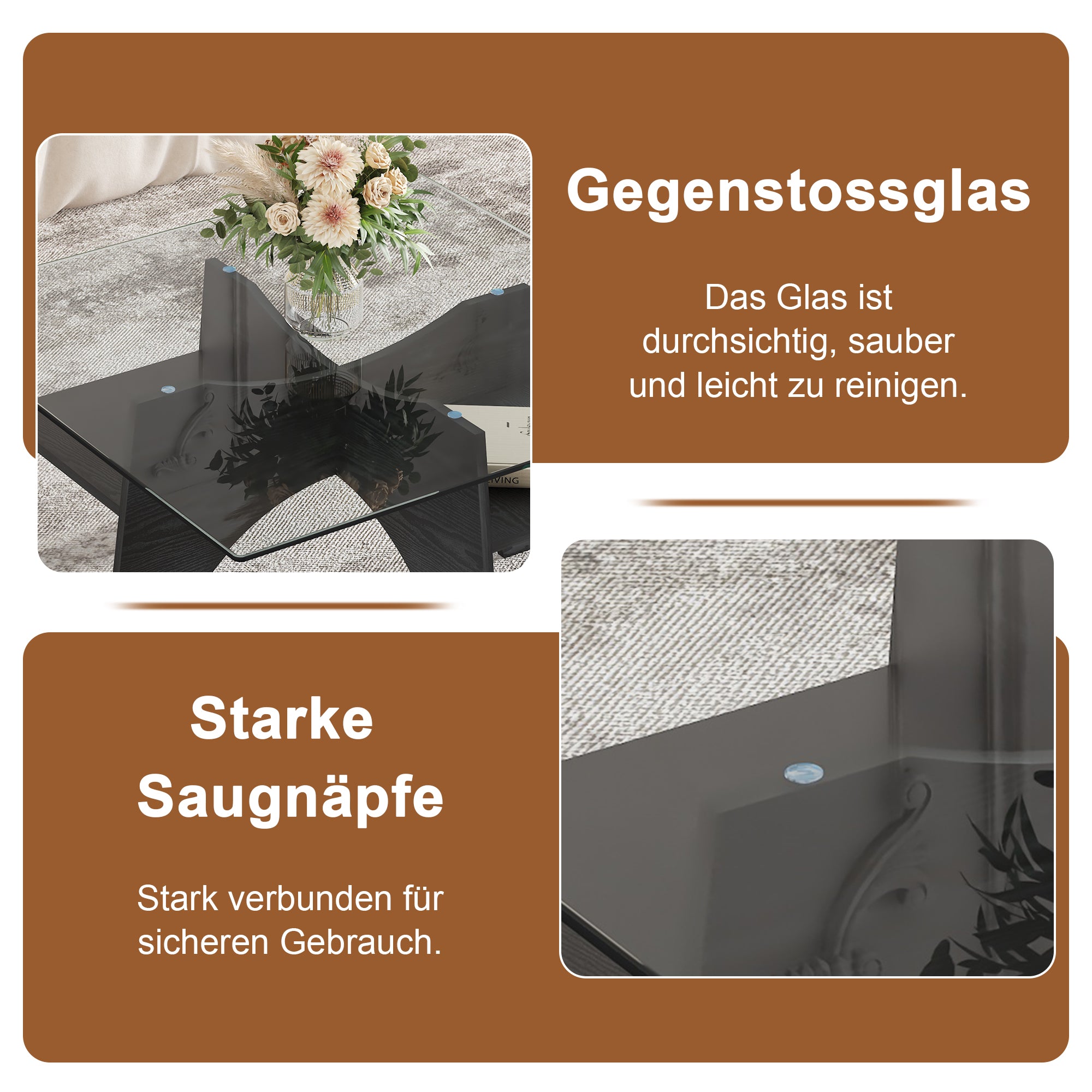 Modern Square Side/Coffee Table Tempered Glass 80cm - Black Wood Look