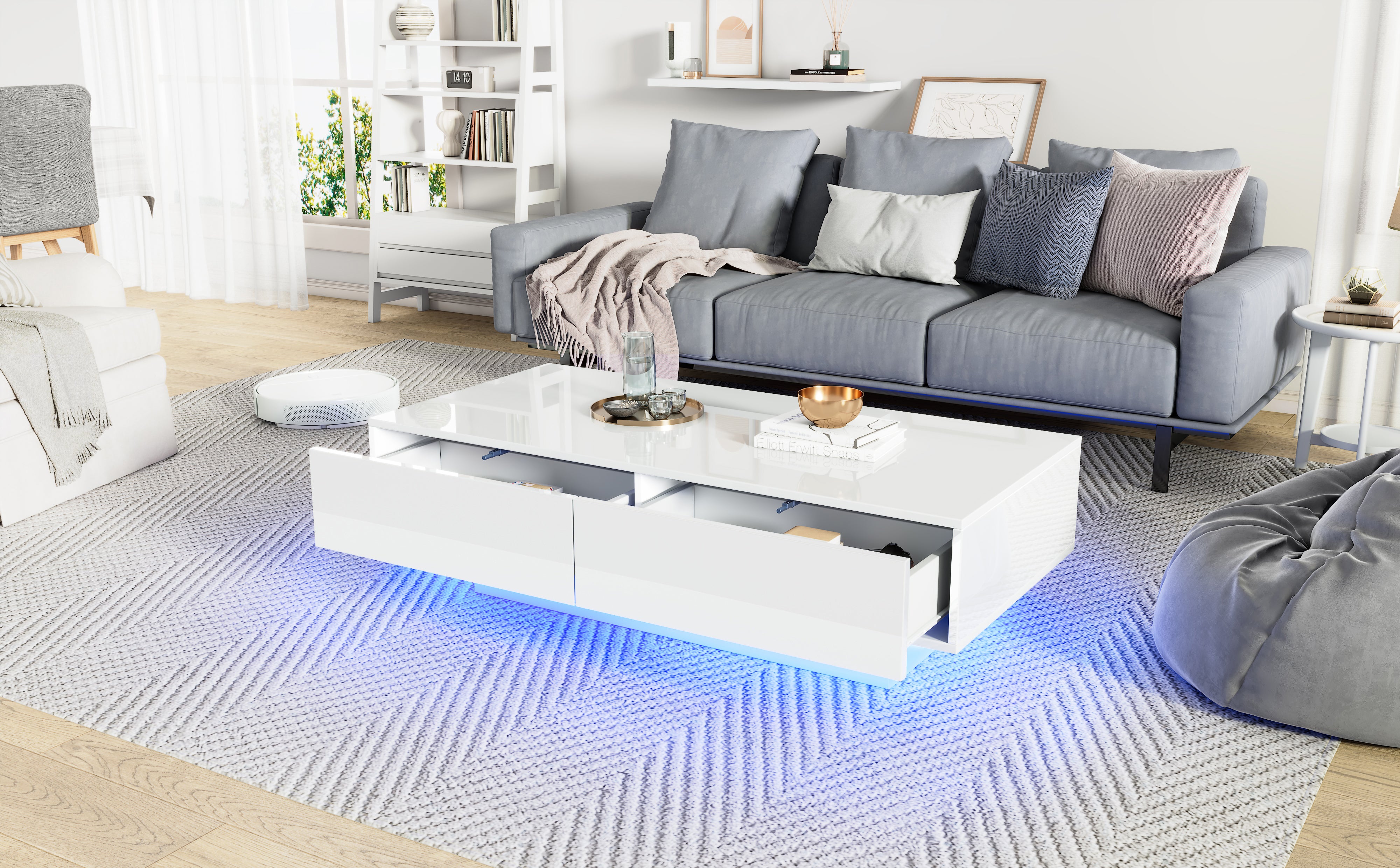 Coffee Table, Modern High-Gloss with 2 Drawers, LED Lighting, White