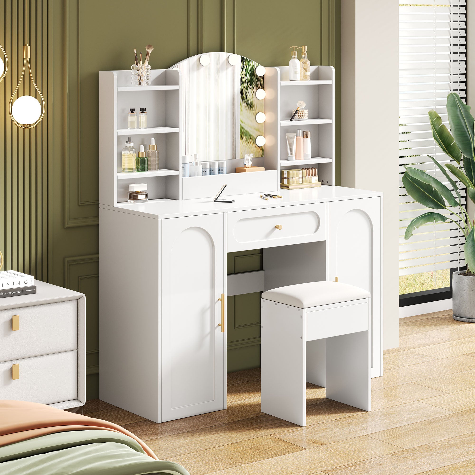 Large Vanity Table with LED Lighting, Mirror and Stool, White