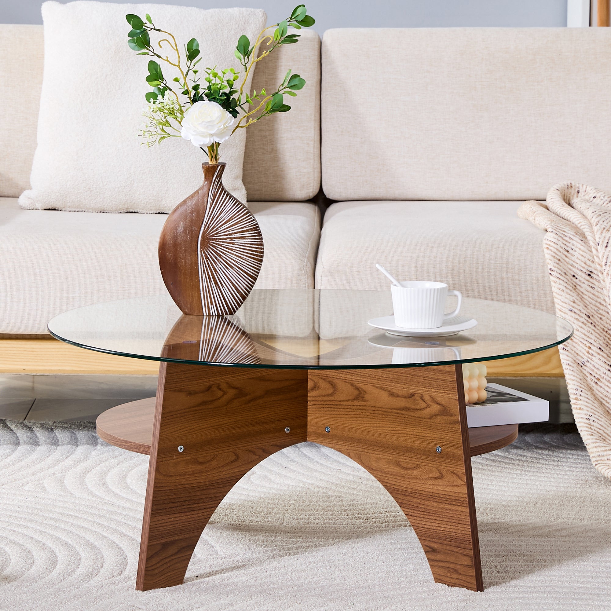Round Side Table Ø 80 cm Safety Glass Top Multifunctional Walnut-Finish MDF