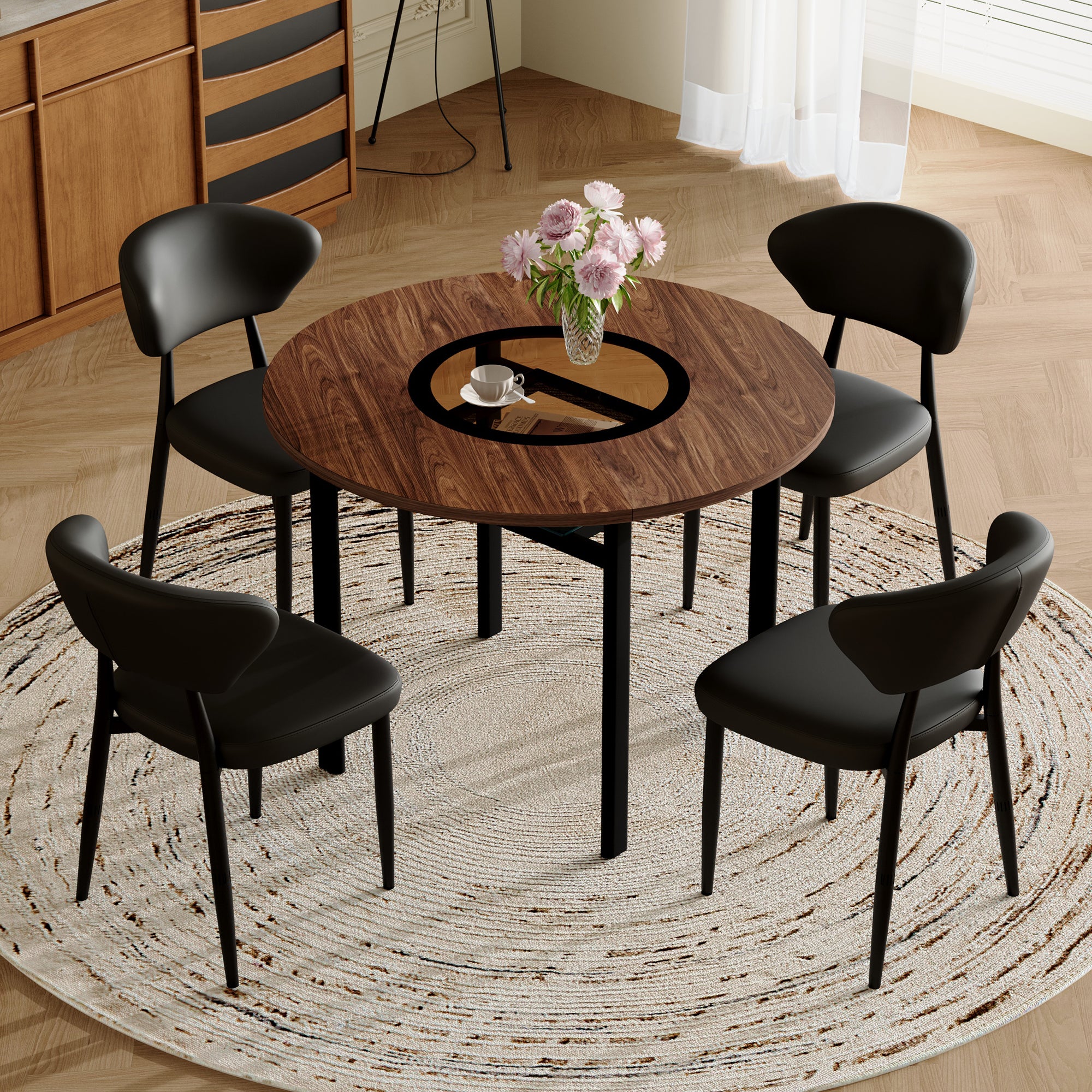 Modern Minimalist Round Table Set with 4 Armchairs, 100cm Diameter Wood Look & Black PU