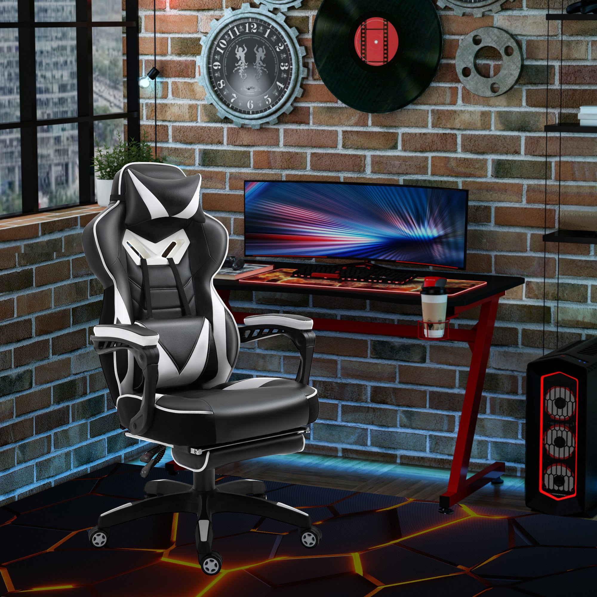Computer Gaming Chair with Lumbar Support, Footrest, and Headrest, White PU Leather