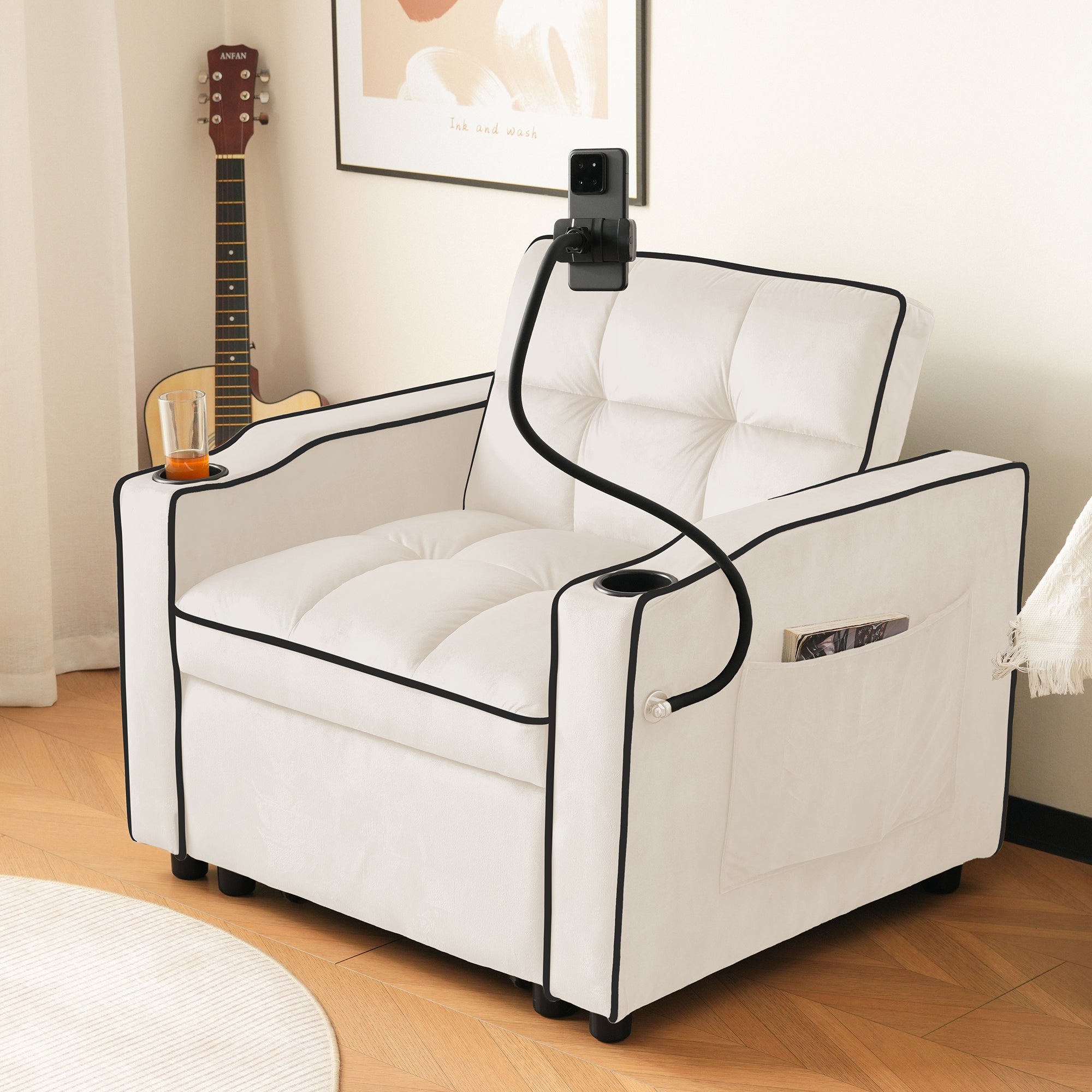 3-in-1 Pull-Out Single Sofa Bed with Cup & Phone Holders, for Small Spaces