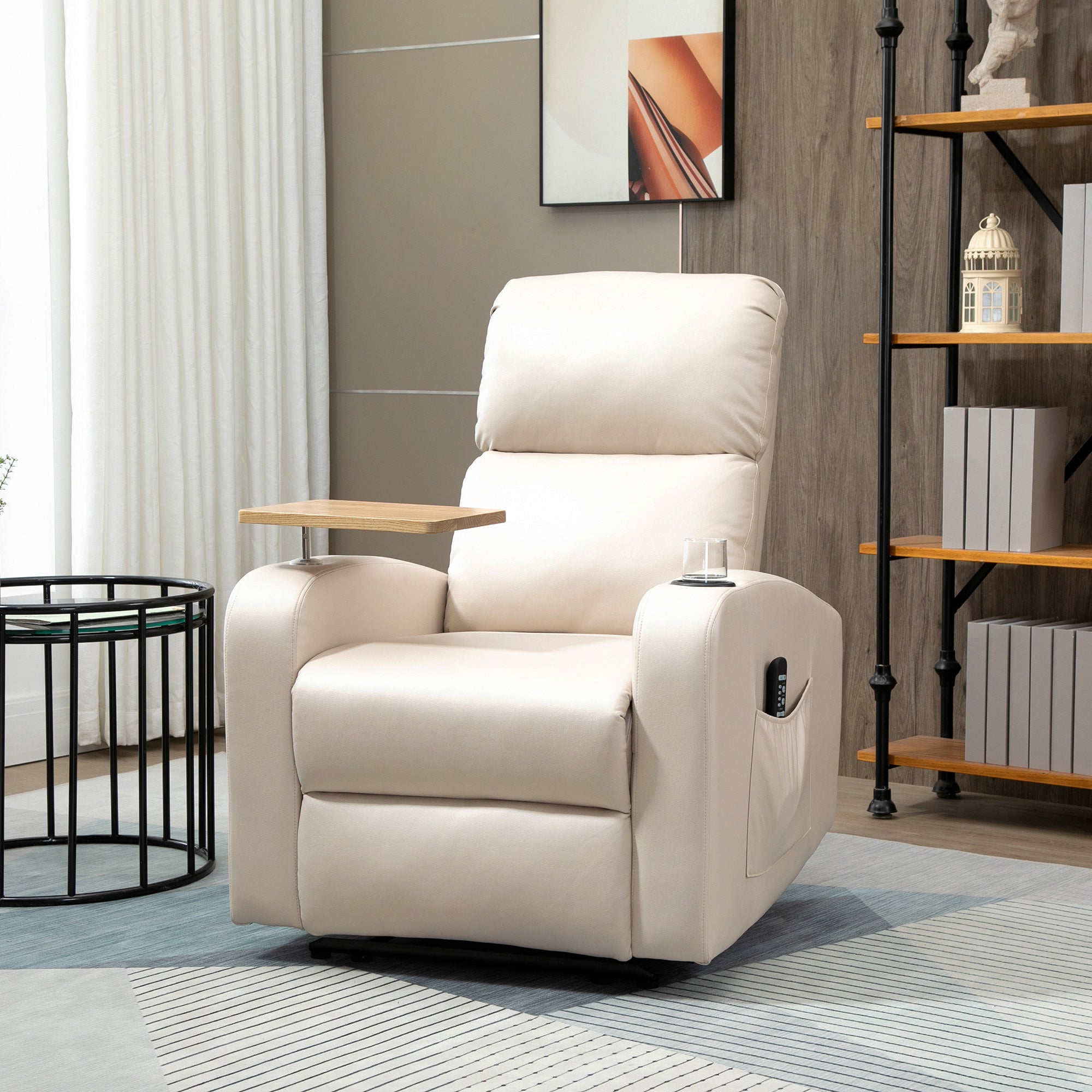 Reclining Armchair, Massage Swivel Table Remote Control, Microfiber Beige