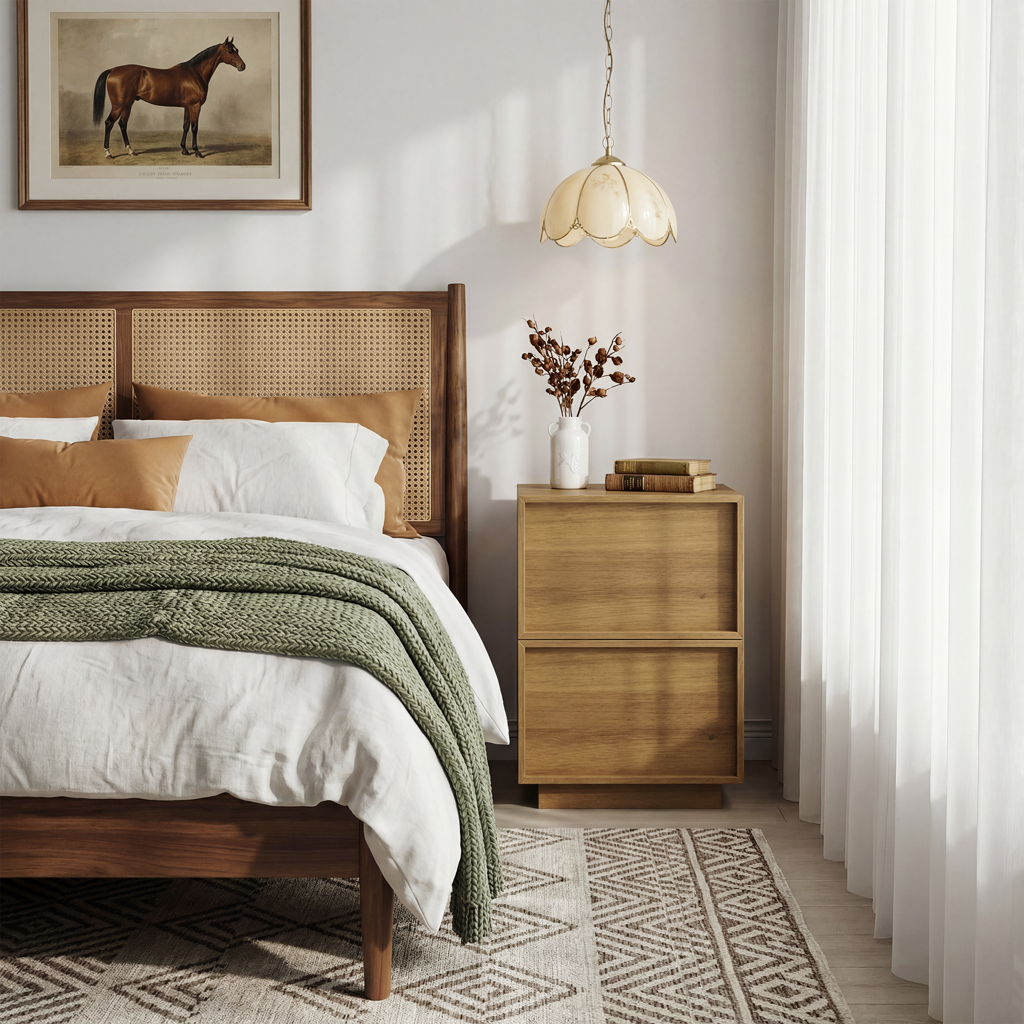 Medieval-Modern Bedside Table with 2 Handleless Drawers and Metal Rails, Oak Look MDF