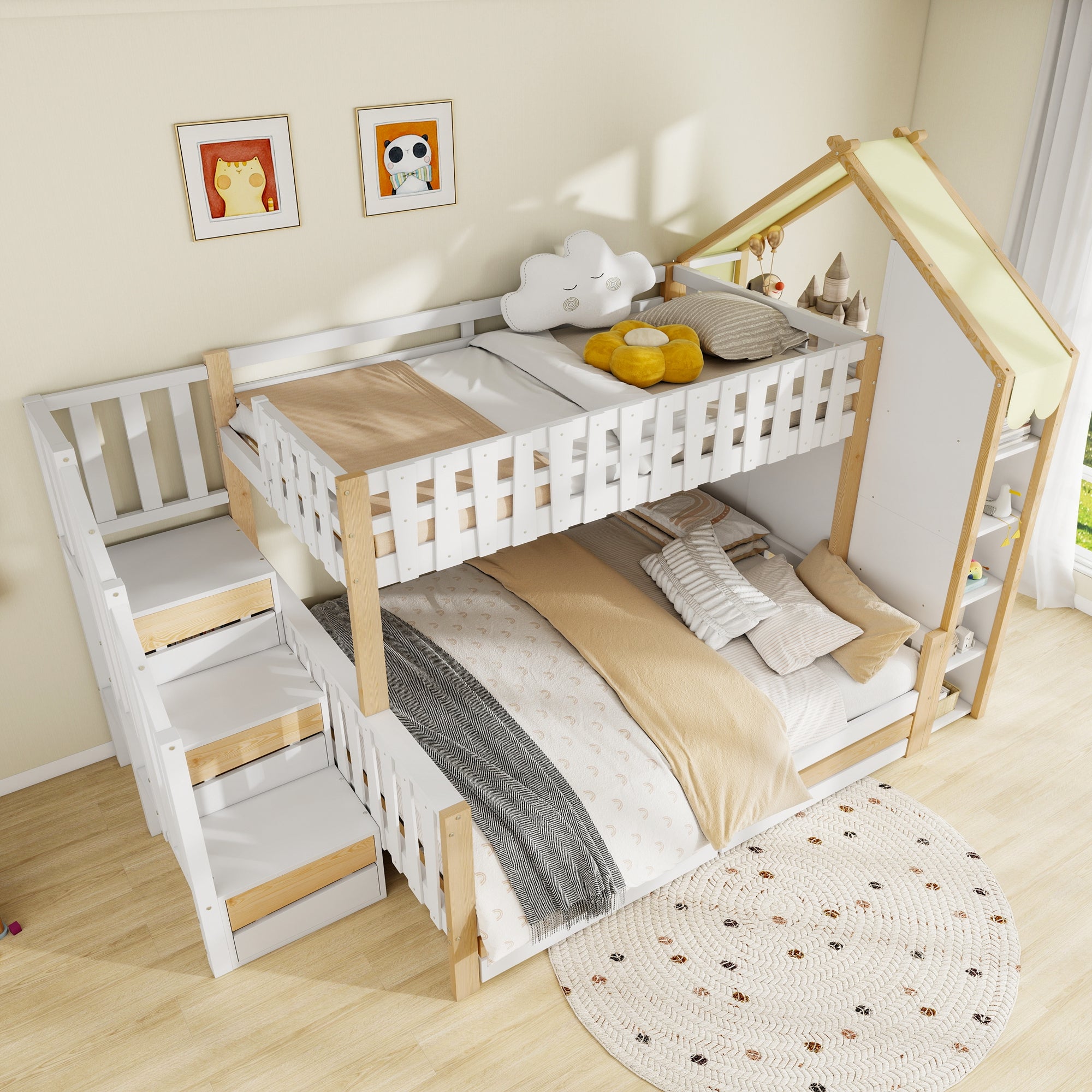 Bunk Bed, 90x200cm + 140x200cm, Storage Ladder, 2 Drawers, White + Natural