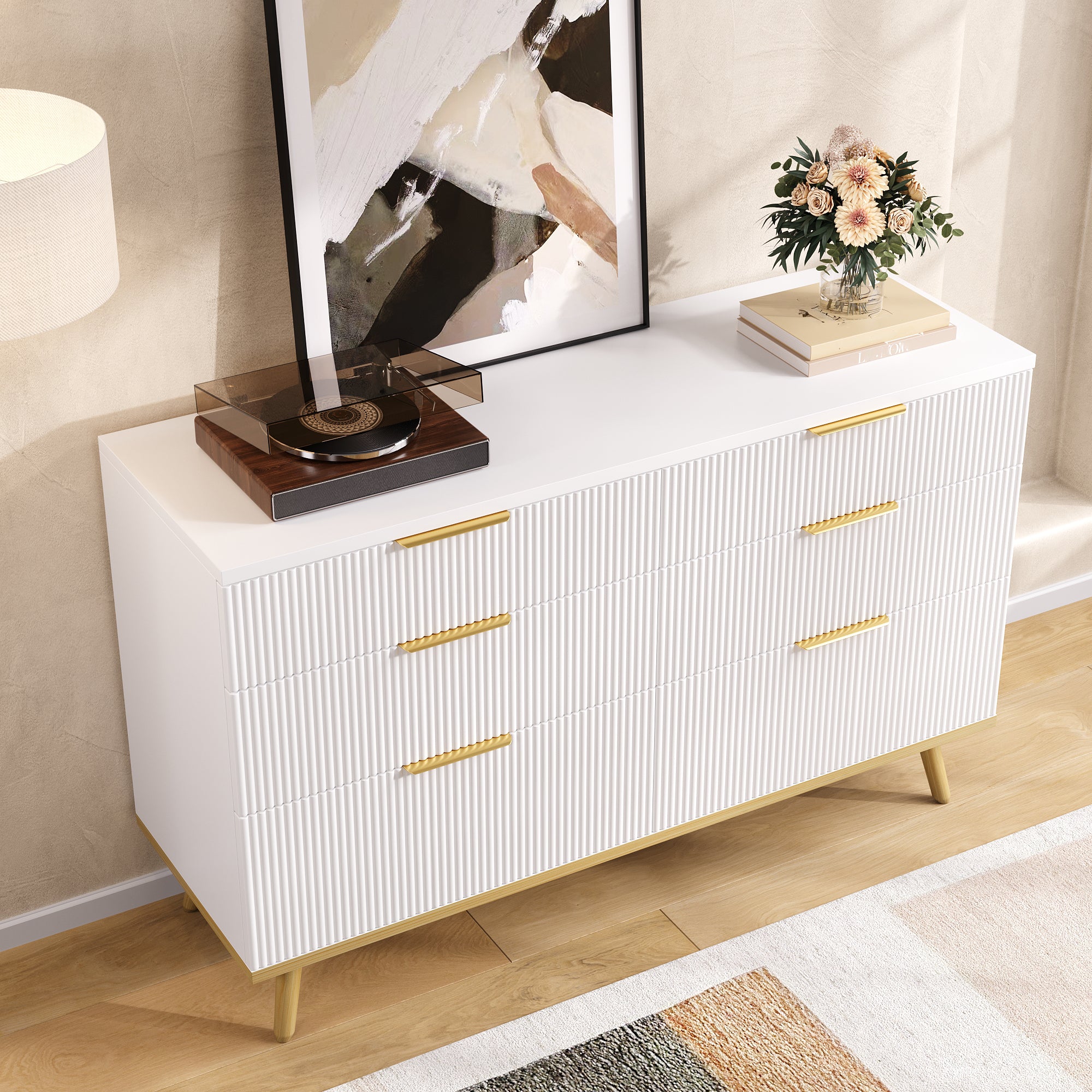 Modern 6-Drawer Chest of Drawers with Wood-Look Feet, White Particleboard