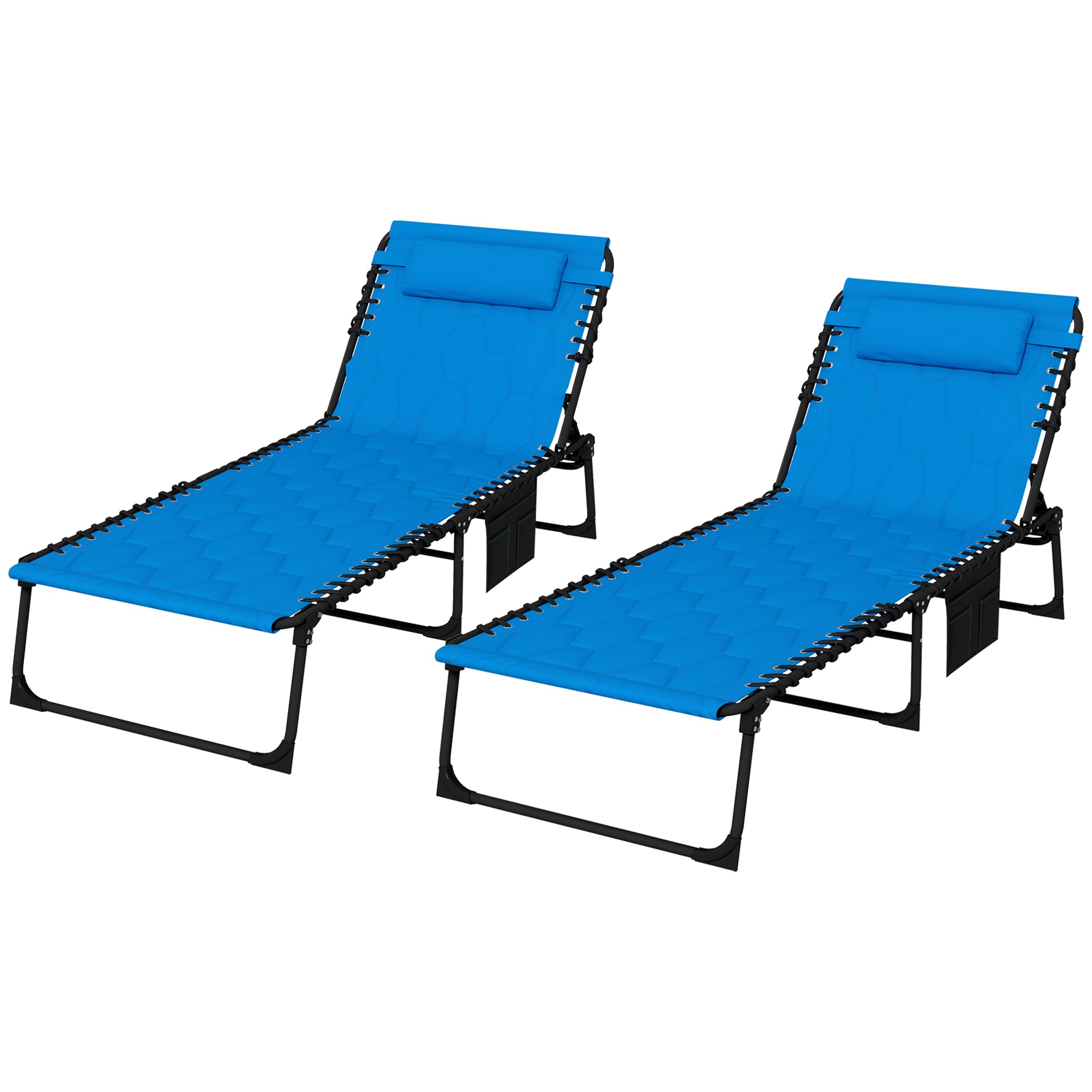 Set of Two Sun Loungers, Five-Position Reclining Backs - Blue