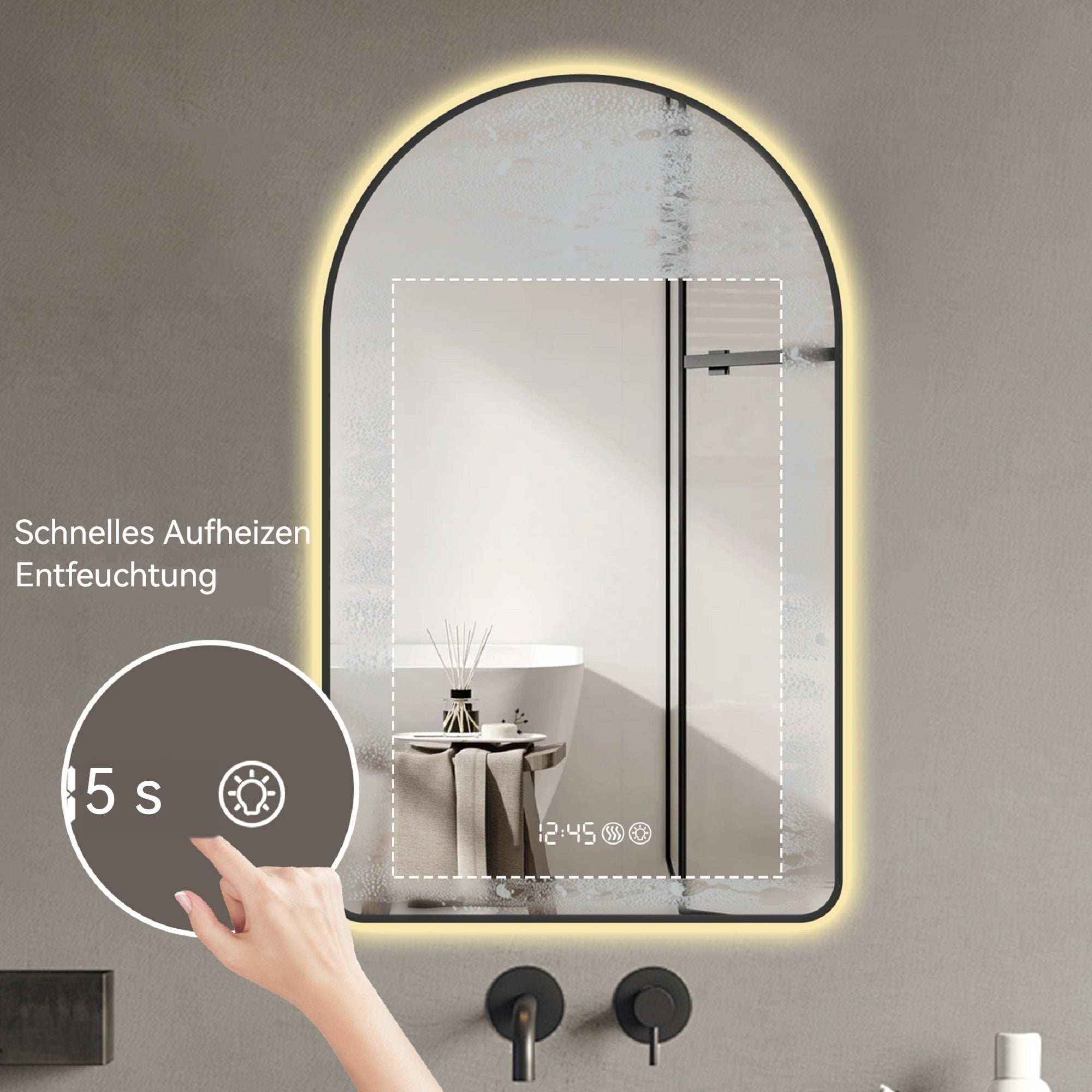 Arched LED Bathroom Mirror, 70x120cm, Anti-Fog, Dimmable, Time/Temp Display, Black Frame