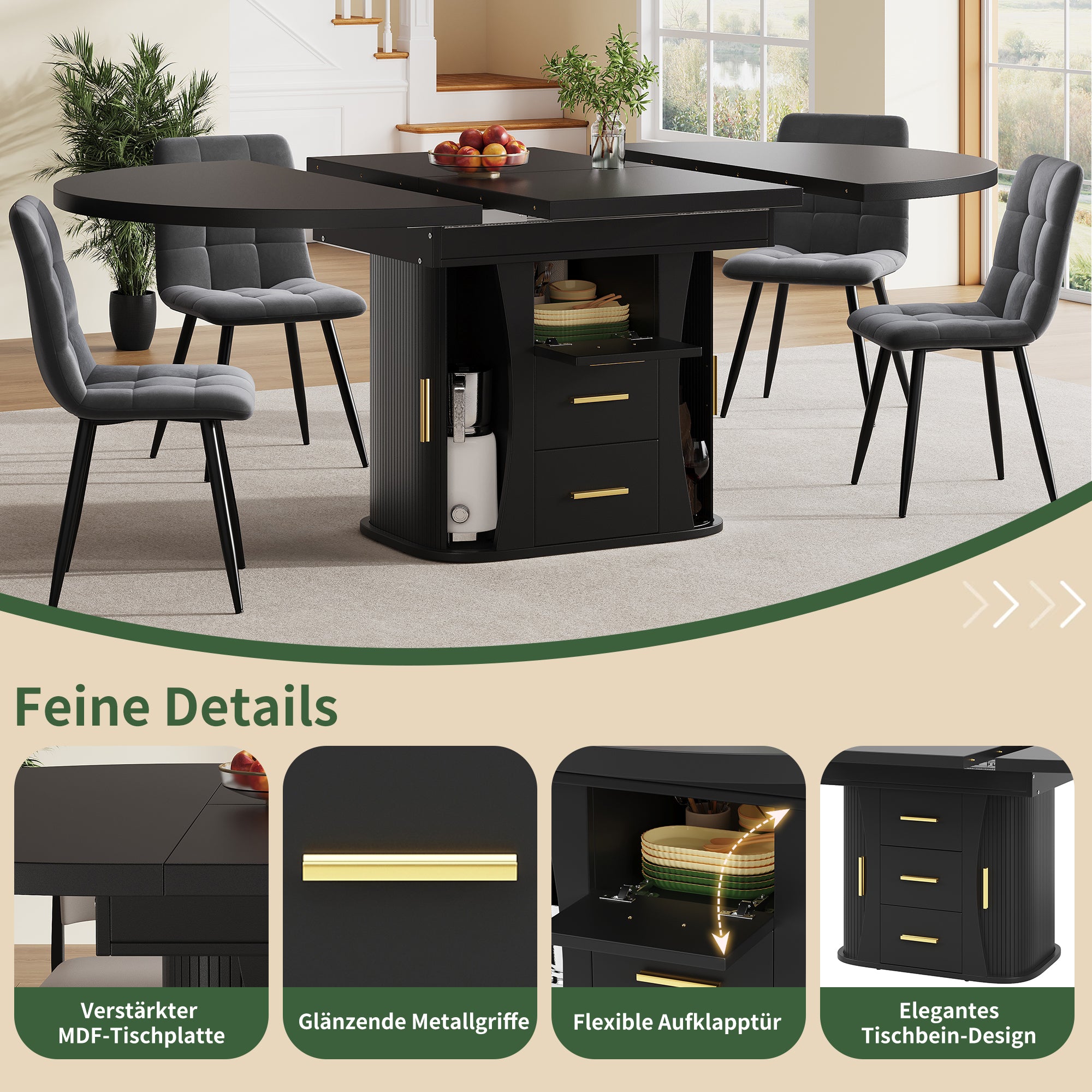 Extendable Round Dining Table, Seats 6 People with Three-tier Storage, Black