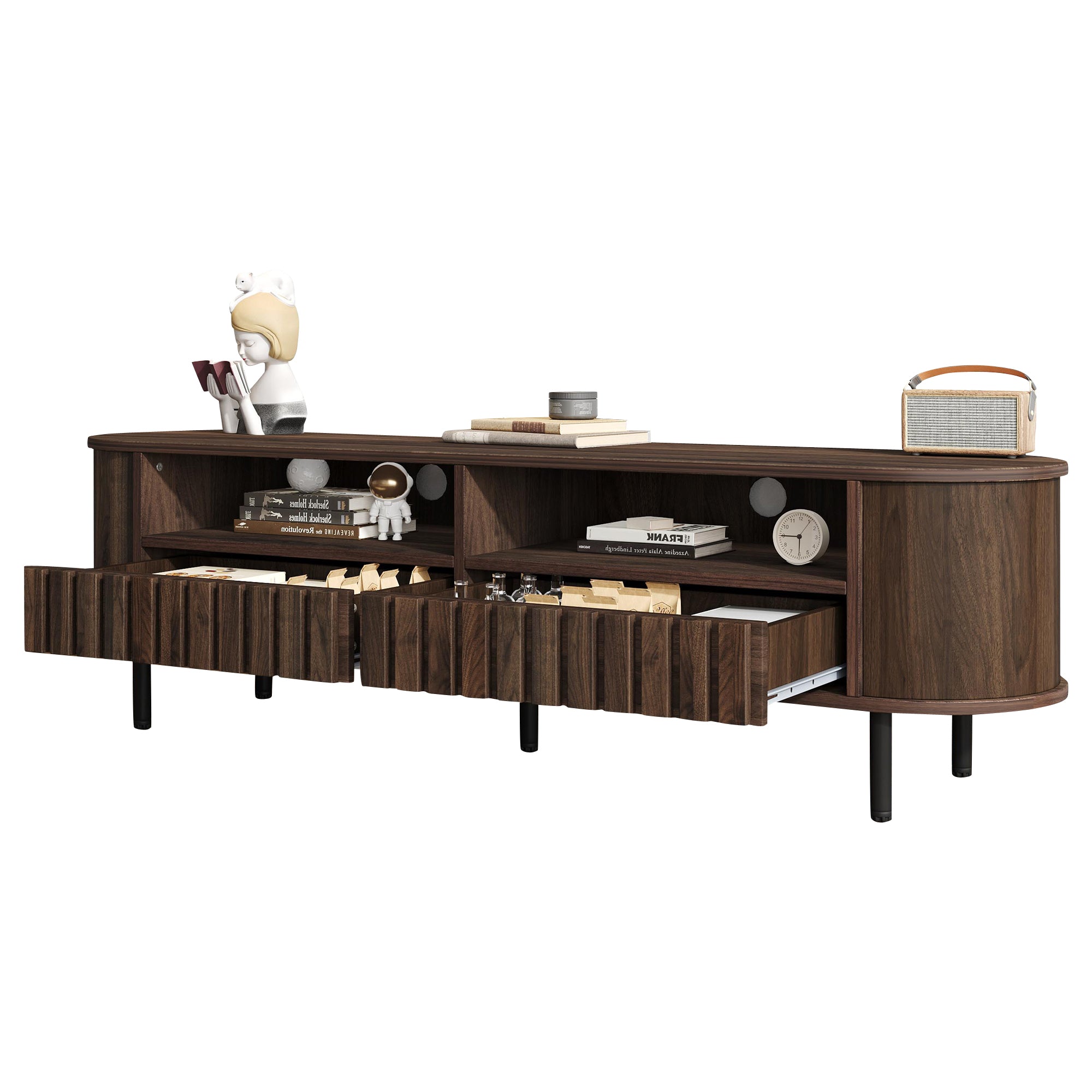 TV Cabinet Lowboard with 2 Cabinets & 2 Drawers, for up to 65" TV, Walnut-colored MDF