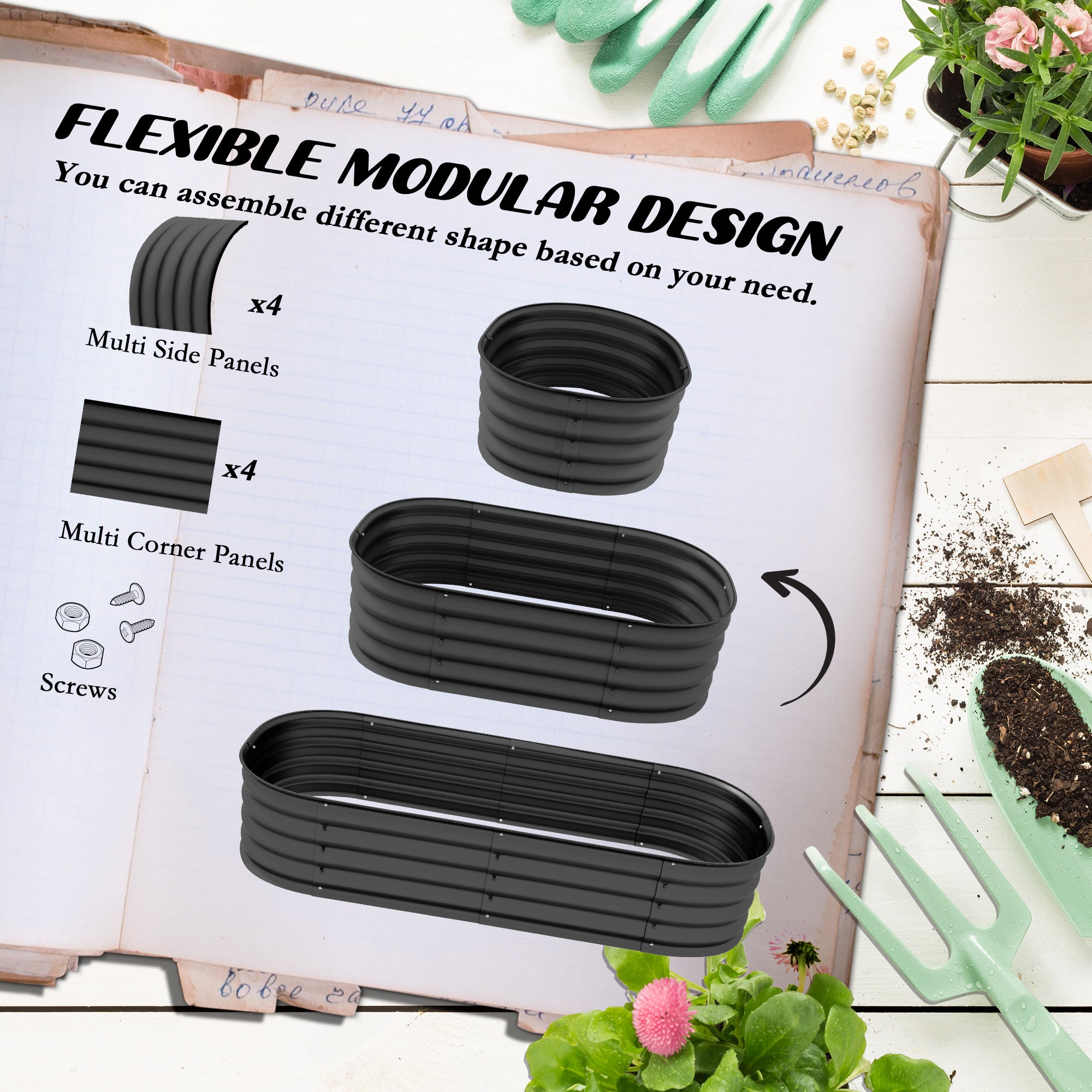 Galvanised Raised Garden Bed, Metal Planter Box, Dark Grey