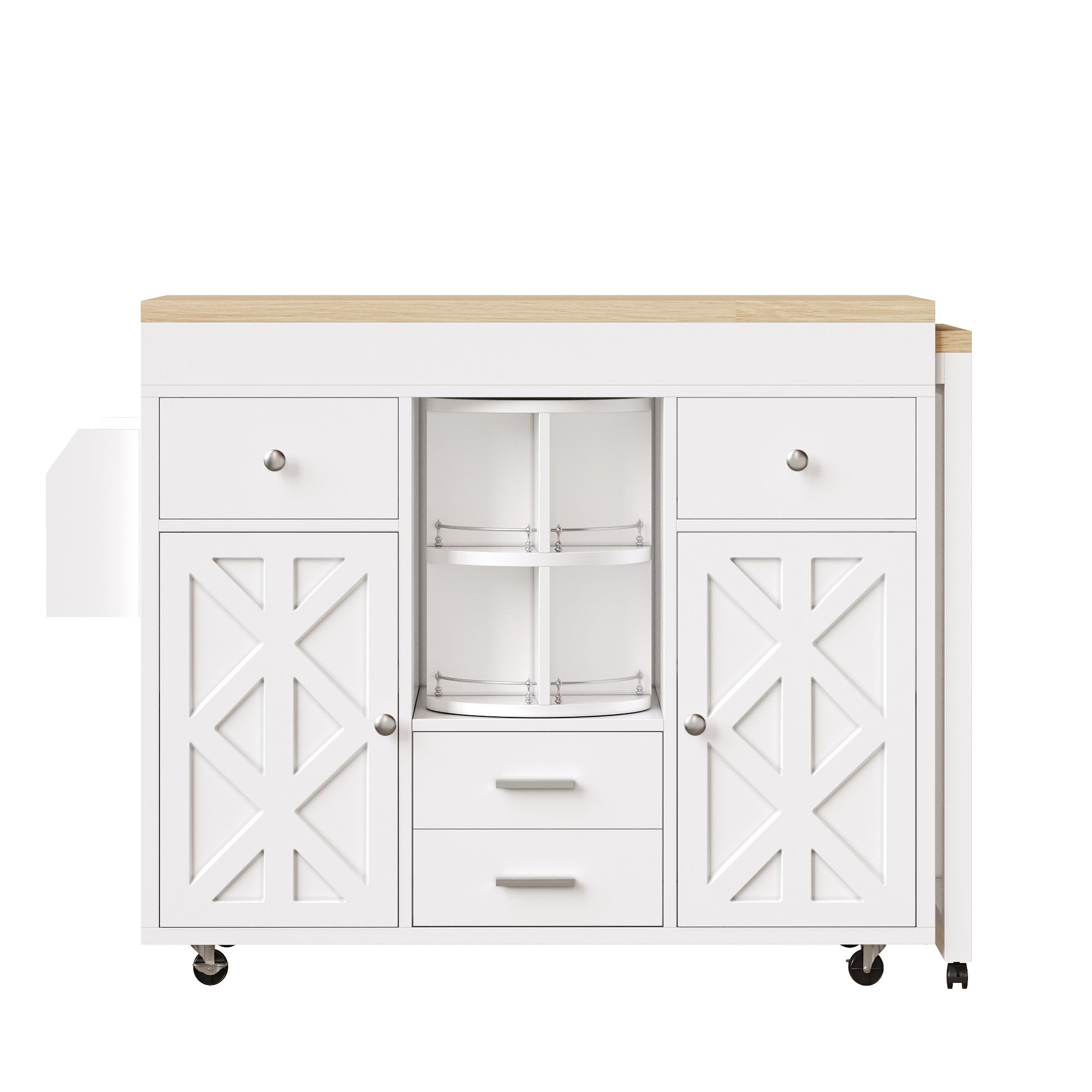 Modern Extendable Bar Table and Kitchen Trolley with Rotating Organizer and Adjustable Shelves, White