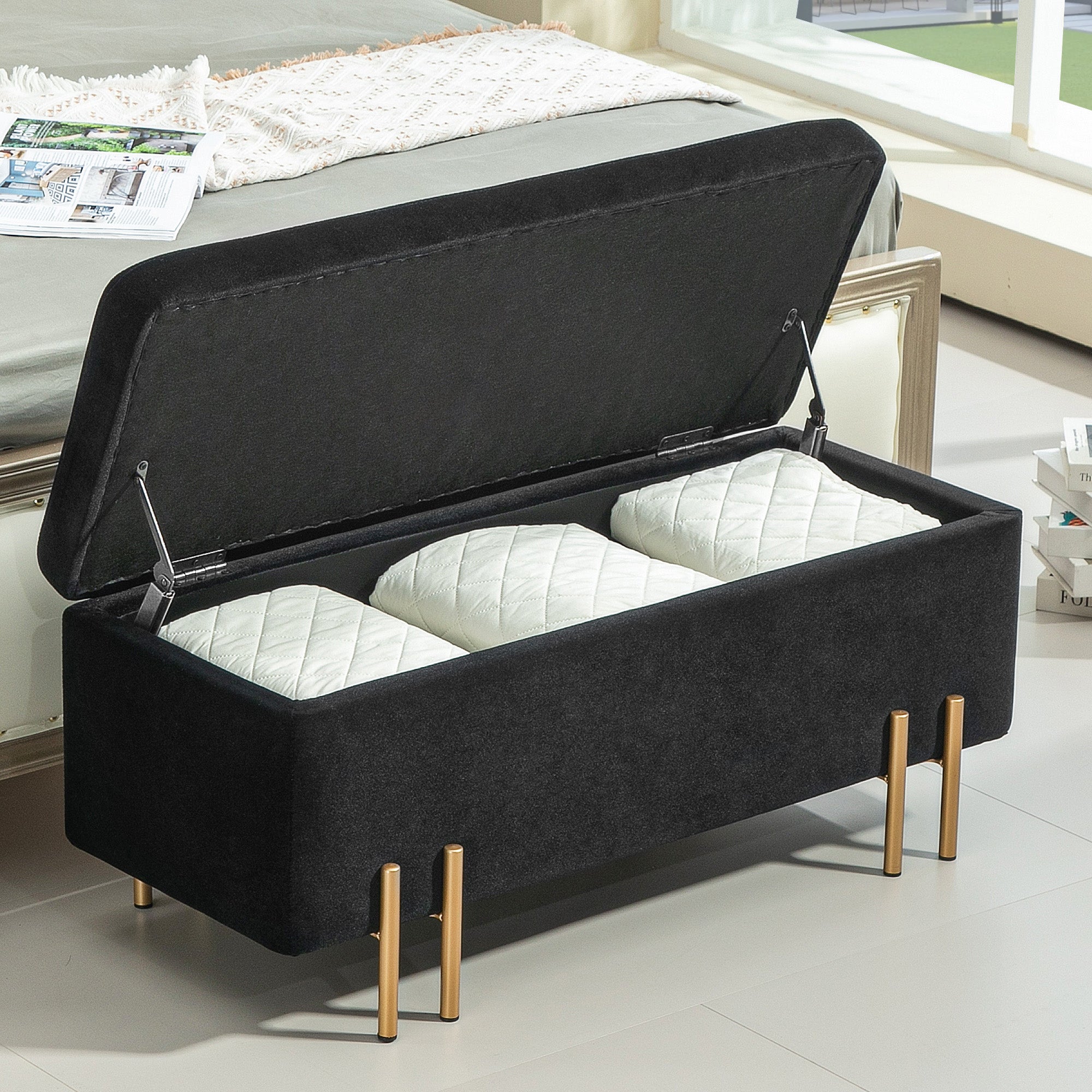 Bench Upholstered with Storage 100x40x42cm, Black Fabric/Metal