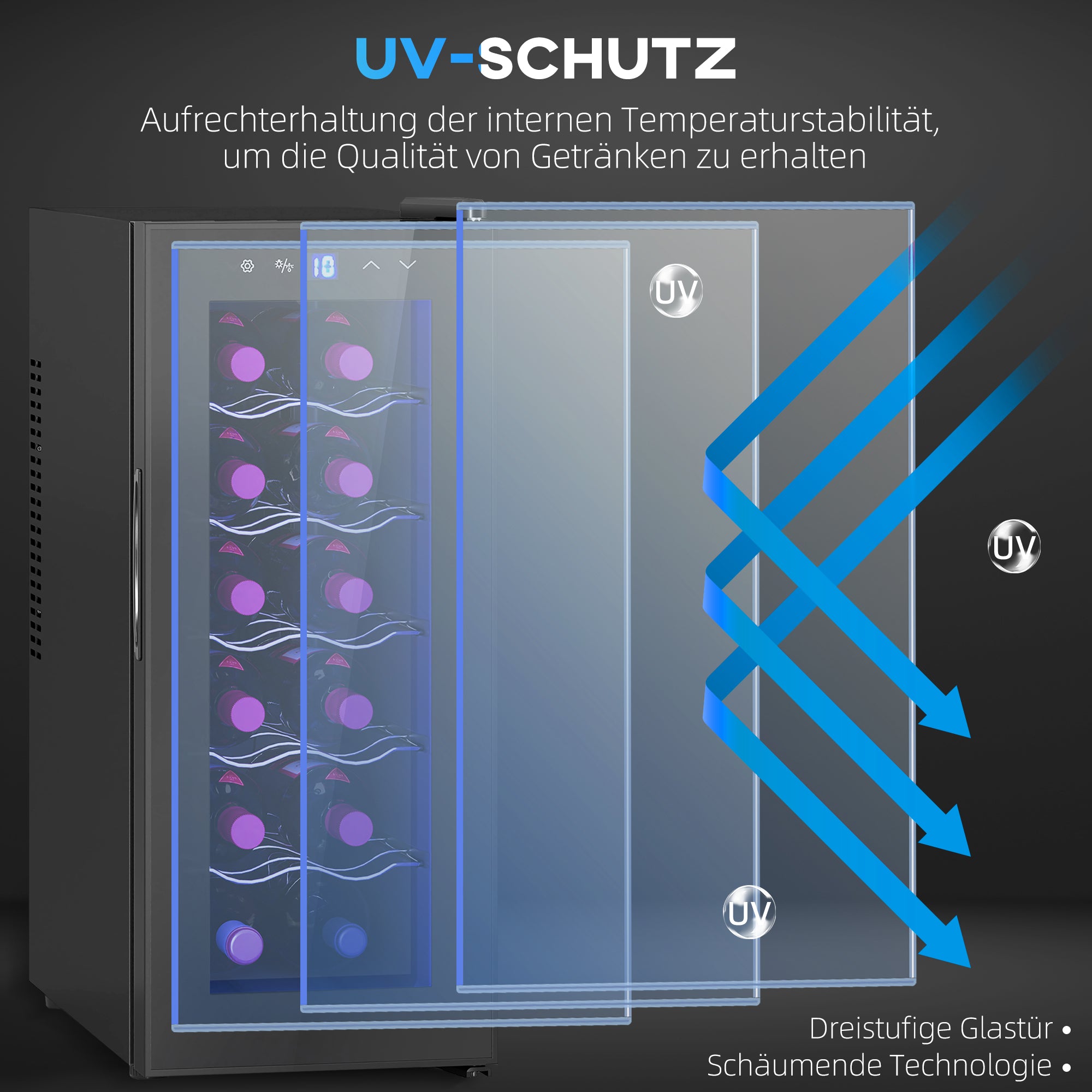 Wine Cooler 12 Bottles 30L 8-18℃ Double Thermoelectric with Glass Door, Beverage Cooler with LED Light, Small Wine Cabinet, Touch Screen, Black