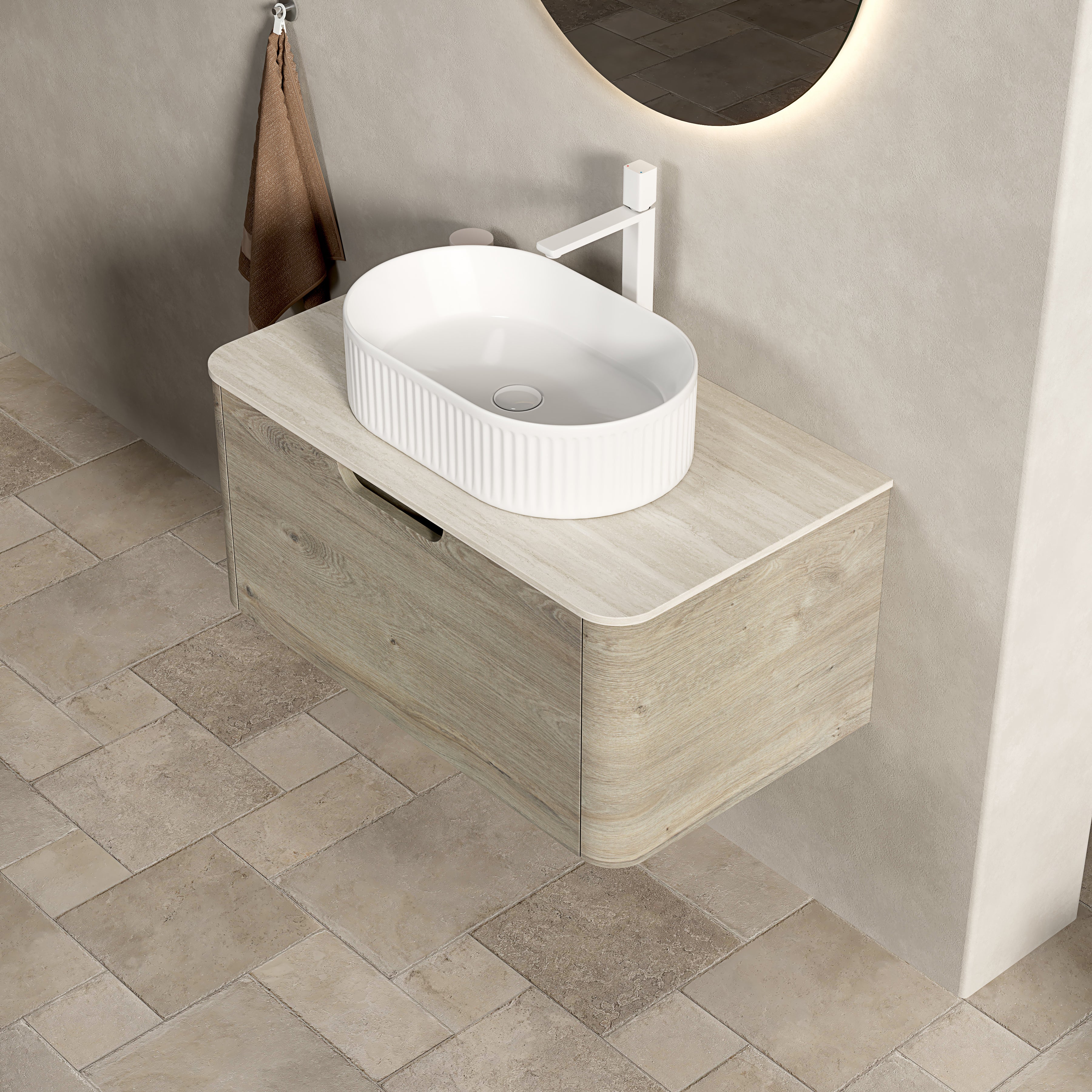 Floating Bathroom Vanity with Oval Sink and Sintered Stone Top, Oak Cream Wood Grain