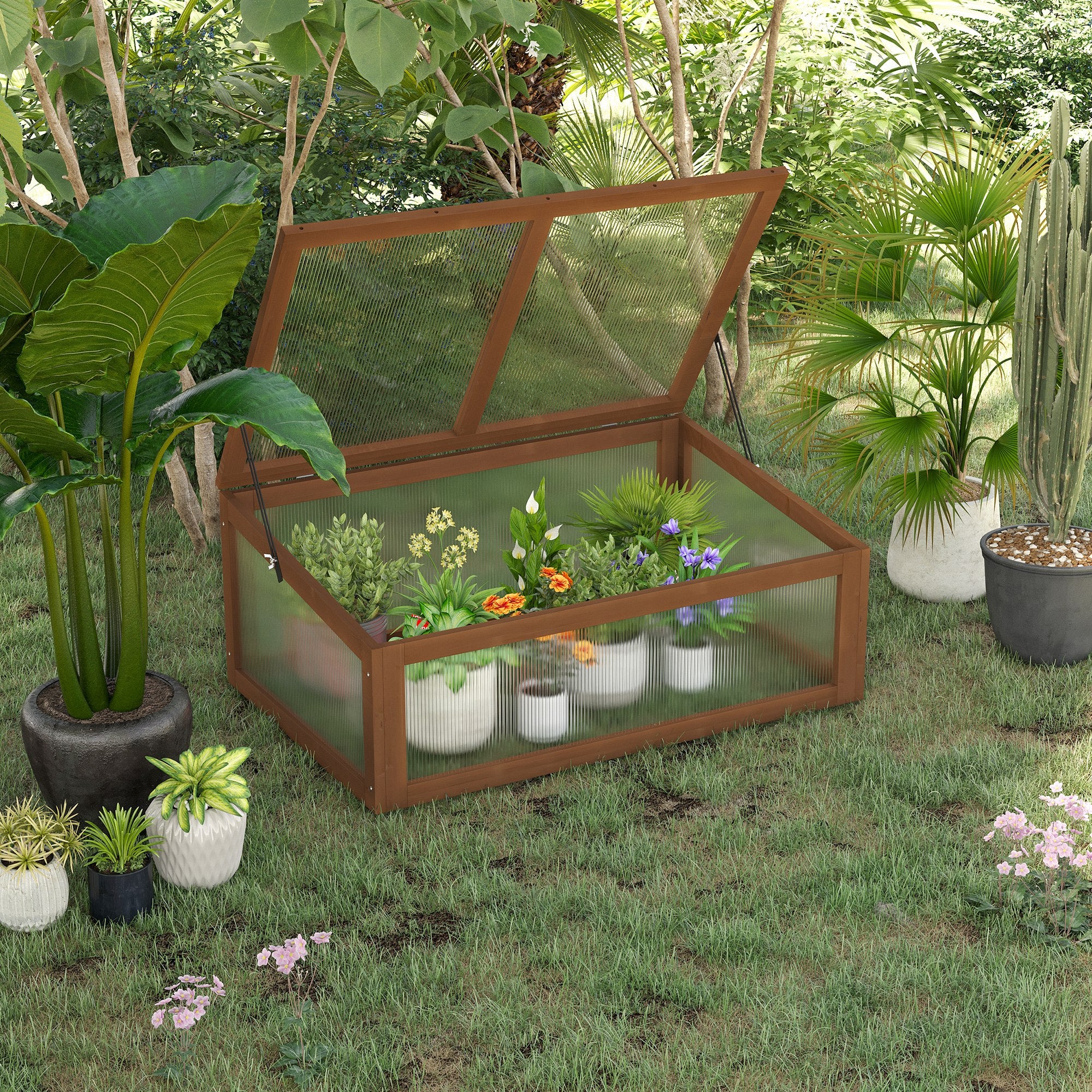 Wooden Cold Frame Greenhouse, Small Polycarbonate Openable Top, Brown
