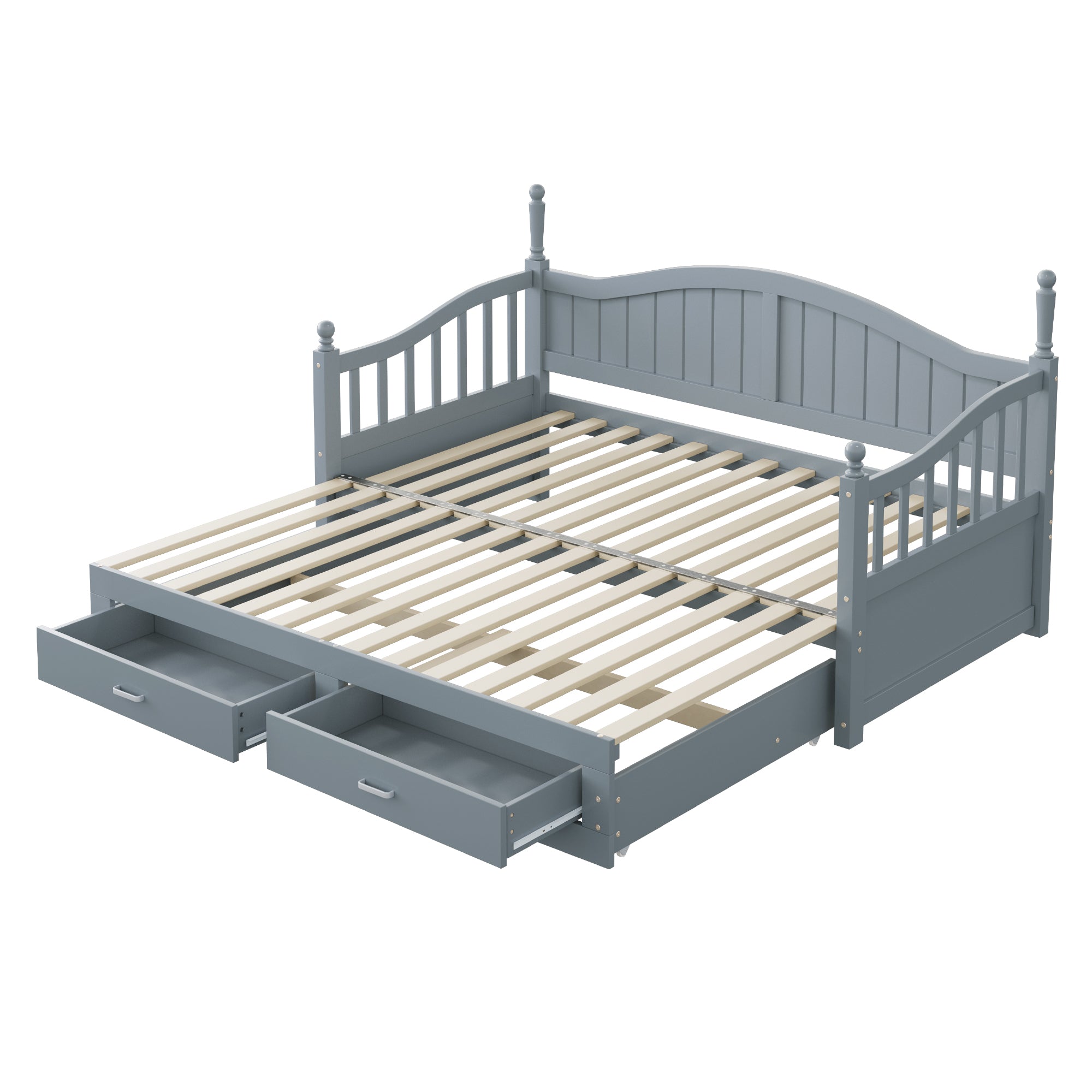Pull-Out Sofa Bed, Solid Wood with Drawers & Slatted Frame, Pine Wood, Grey