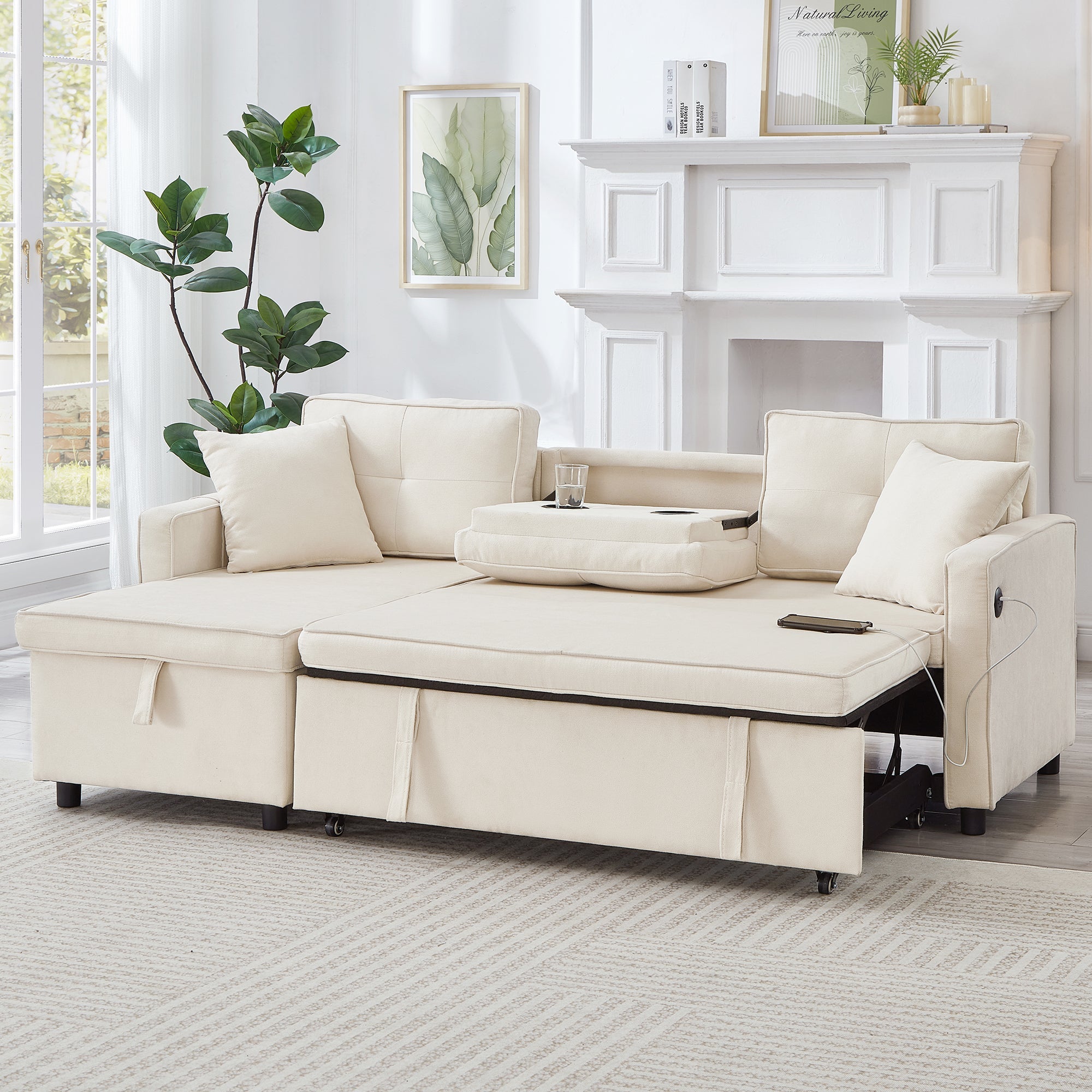 L-Shaped Pull Out Sleep Sofabed, Modern Reversible Sleeper Sectional Sofa with Storage Chaise, Drop-Down Table, Cup Holders and Charging Ports (USB & Type-C), Beige
