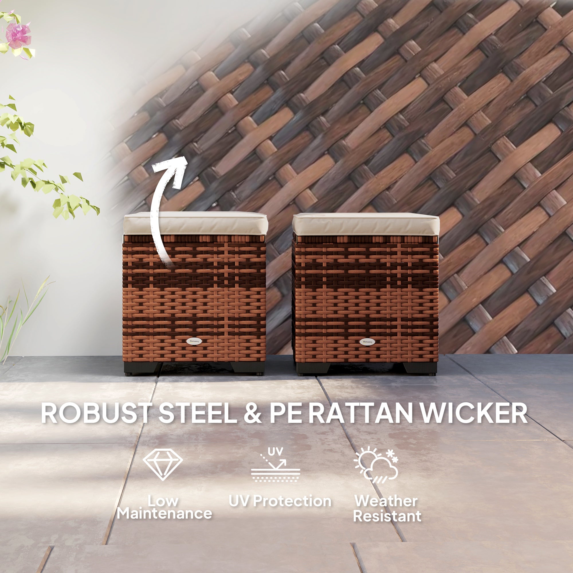 Set of 2 Rattan Storage Ottoman, Footstool w/ Removable Cushions, Beige