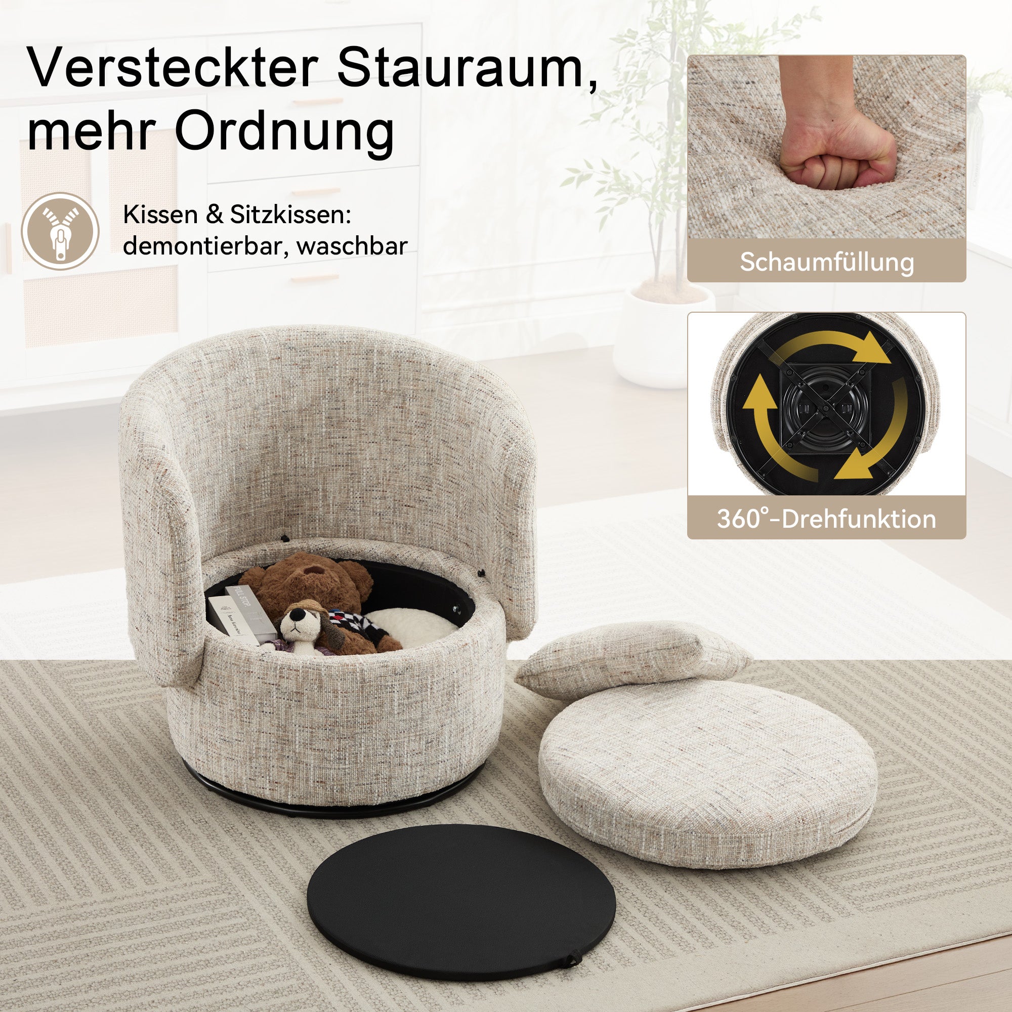 028 Swivel Armchair, 360° Rotating, Hidden Storage, Chenille Ivory