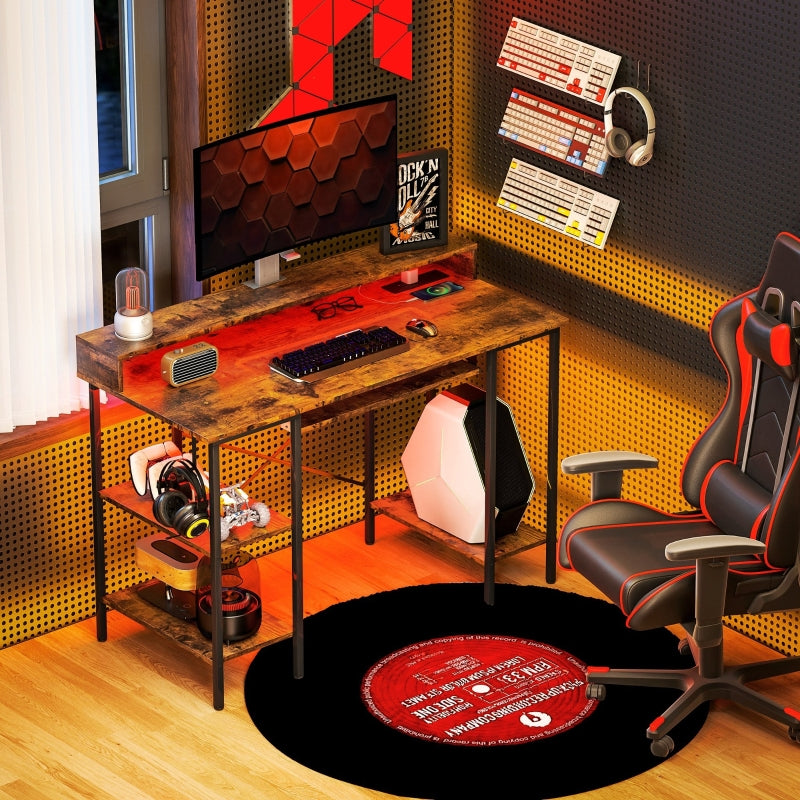 Computer Desk, LED Lights Power Outlets Monitor Stand Storage, Rustic Brown