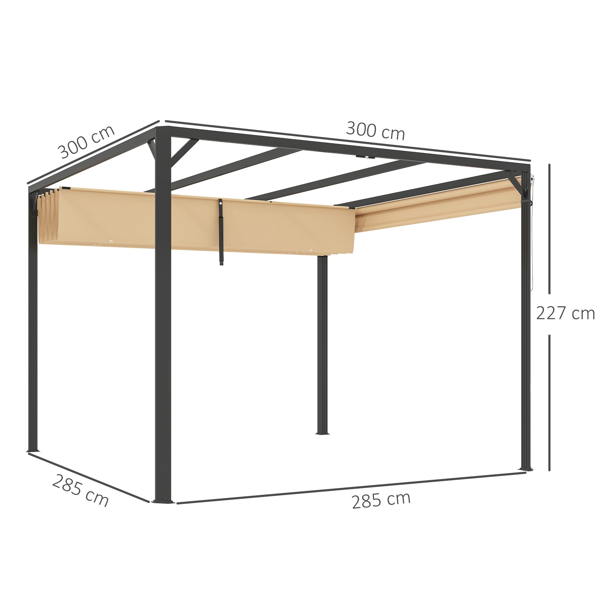 3 x 3m Aluminium Pergola with Retractable Roof and Wall - Khaki