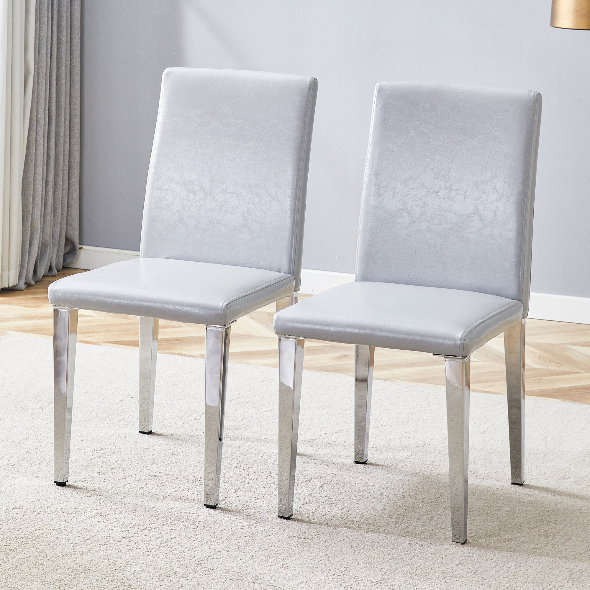 Minimalist Dining Chairs Set of 2, Ergonomic PU Leather with Metal Legs, Grey and Silver