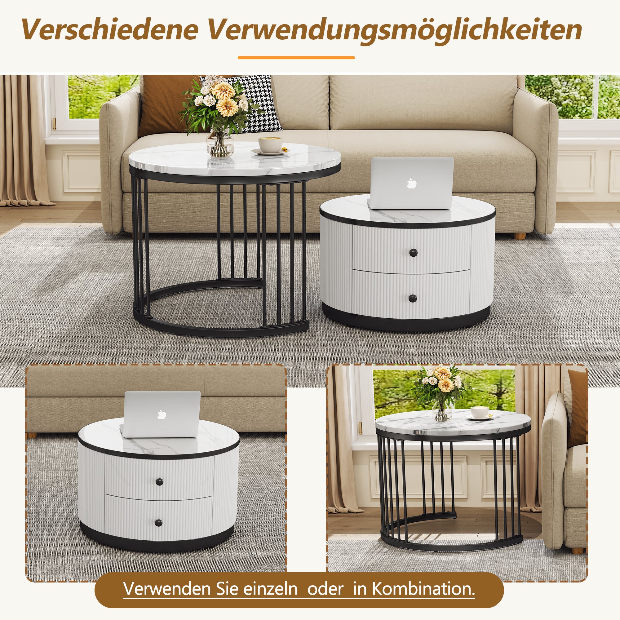Coffee Table Set, Round Nesting with Drawers, White Marble Look