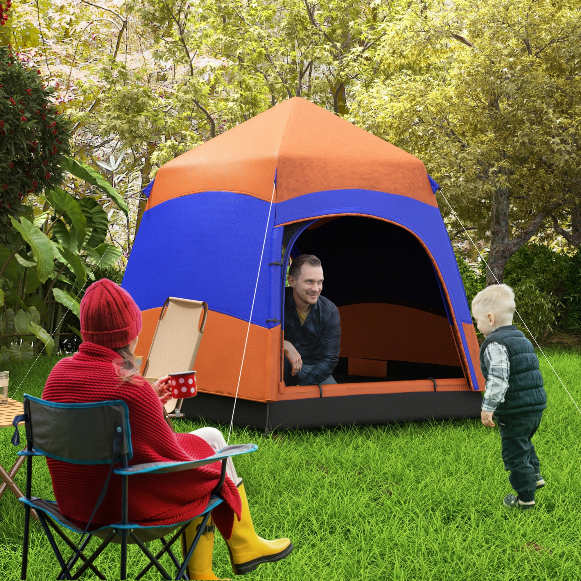 Family Tent Quick-Up Double-Wall for 4-6 Persons, 4 Seasons, Waterproof, with Mosquito Net, 2 Doors