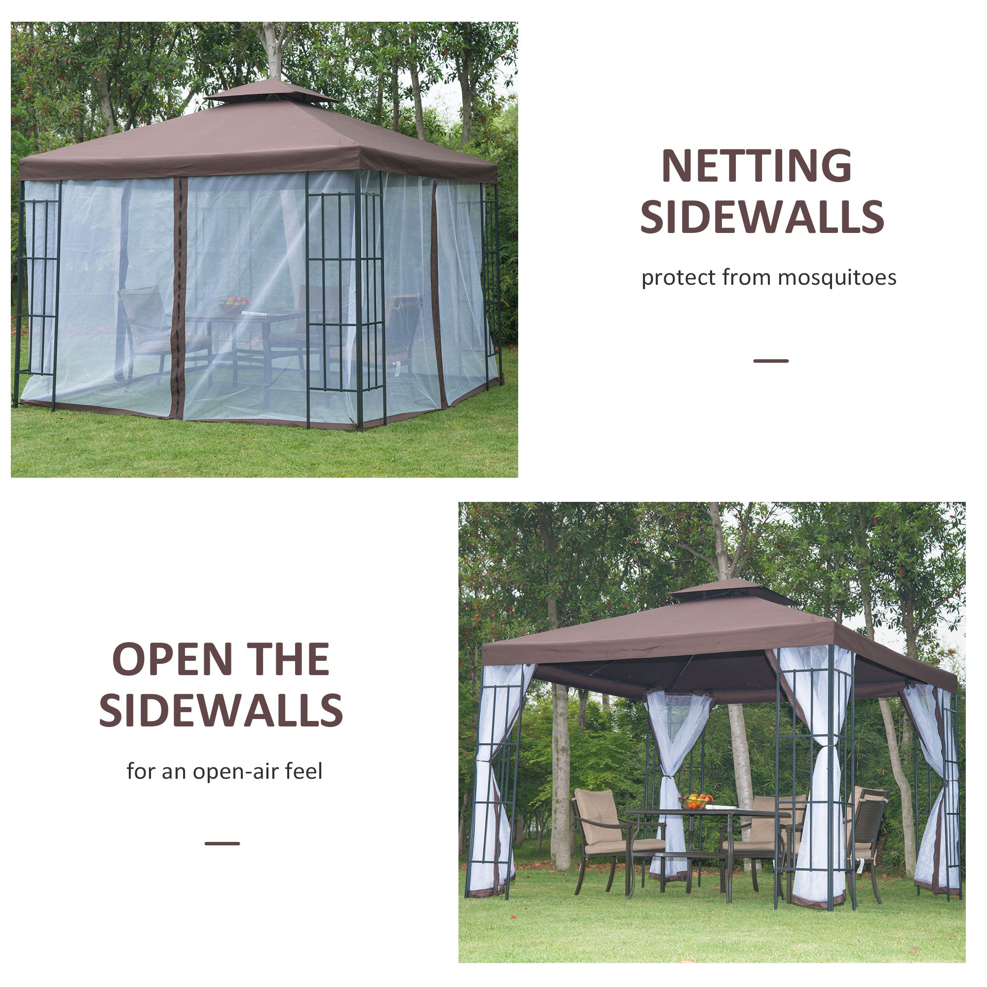 3x3m Patio Gazebo Canopy with 2-Tier Roof & Mosquito Netting, Steel Frame, Coffee