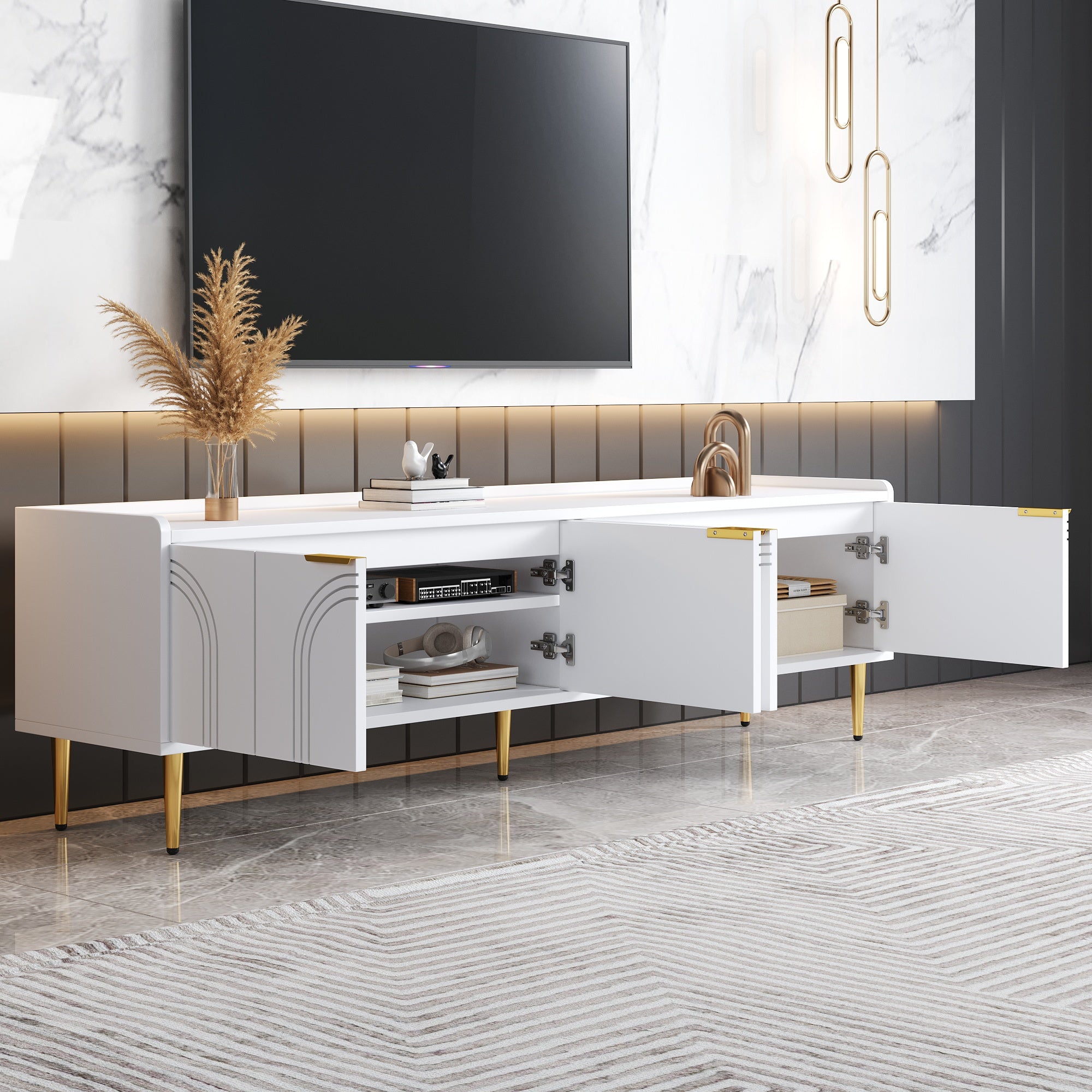 TV Cabinet Lowboard, Textured Door, Gold Handles & Feet, 170cm, White/MDF