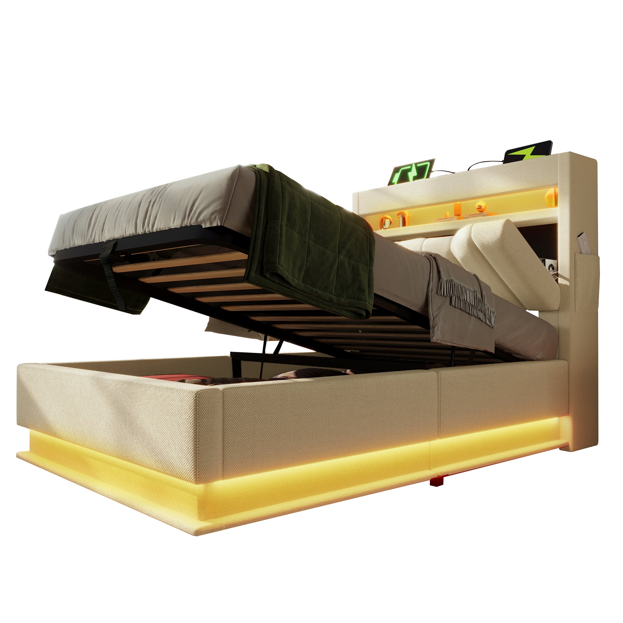 Upholstered Single Bed 90x200cm, Hydraulic Storage LED/USB Headboard, Beige Linen