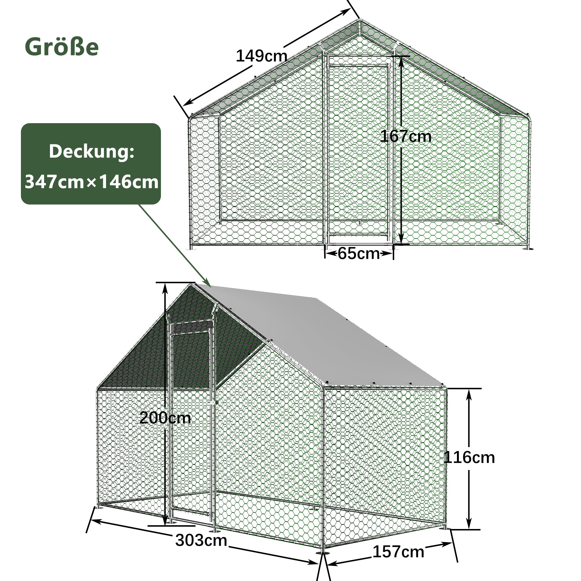 Chicken Coop/Run 3x1.5x2m Safety Lock Waterproof Enclosure, Metal