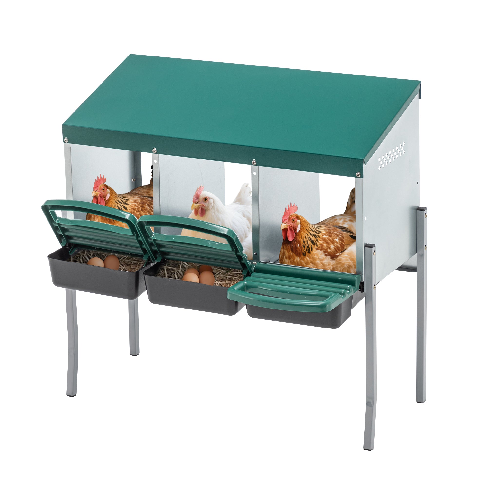 Chicken Nesting Boxes with 3 Holes, Legs and Outdoor Cover, Green
