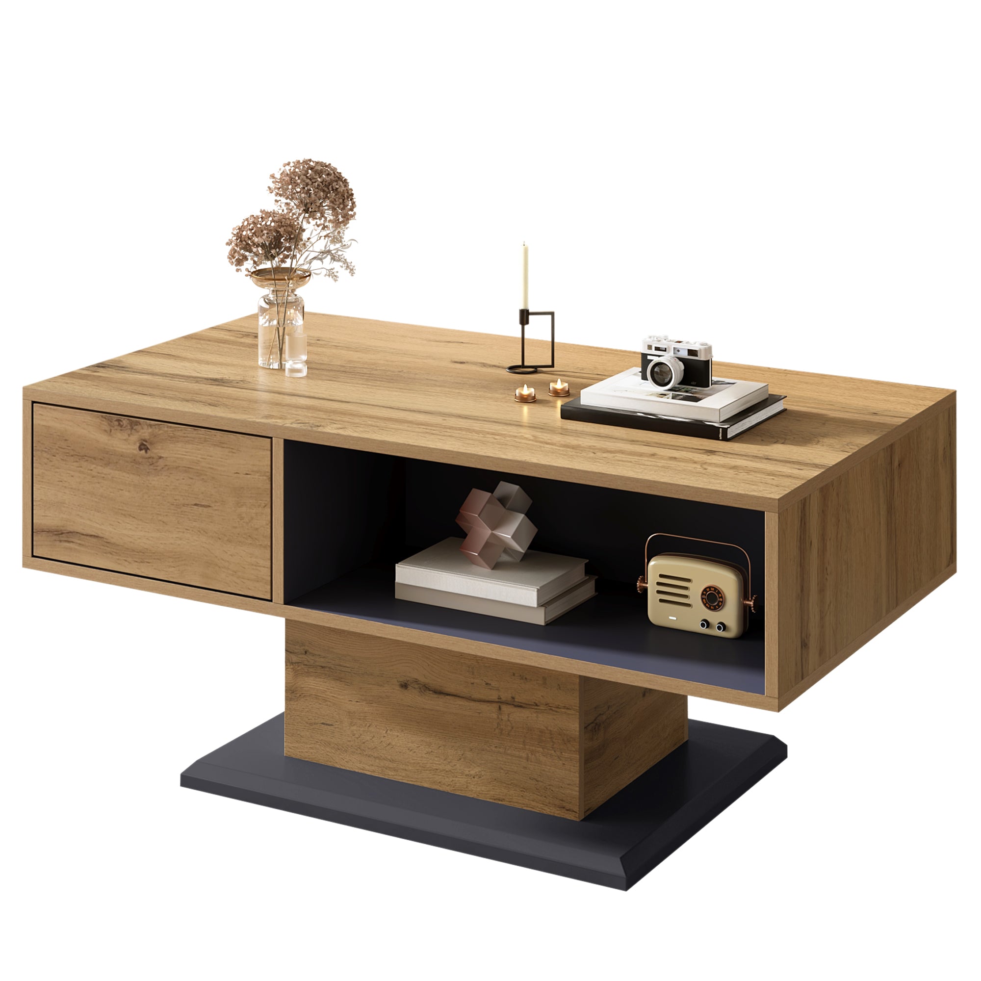 Coffee Table with Double-Sided Storage, Large Shelf - Oak + Gray/Black Particleboard