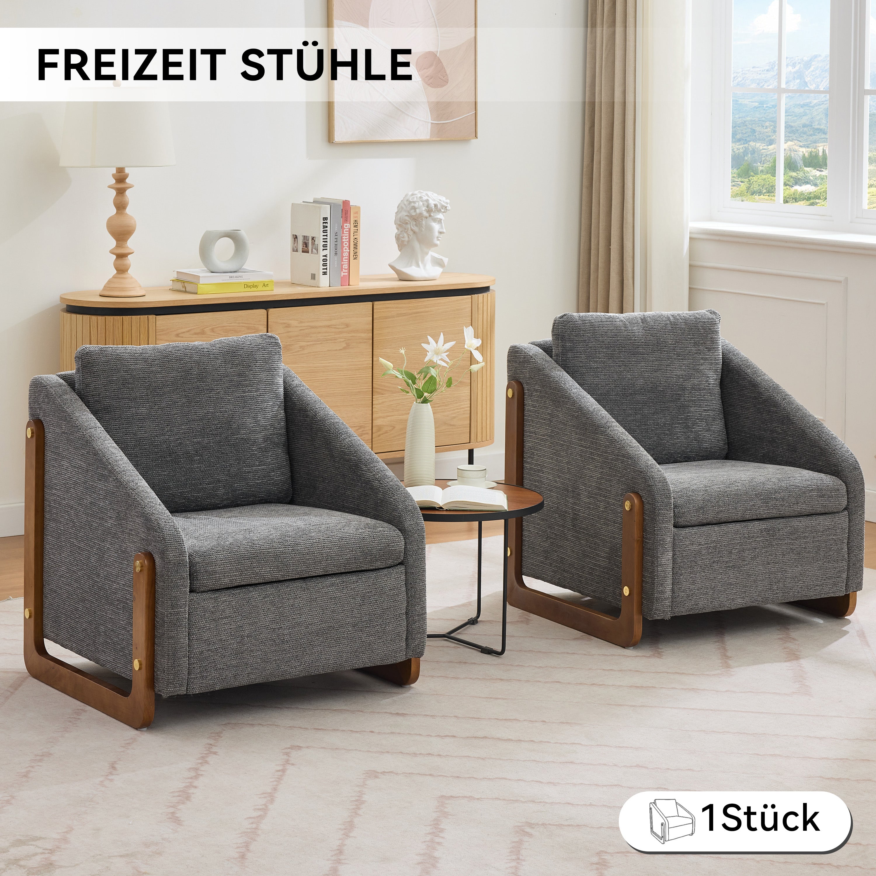 057 Armchair, Accent Lounge Chair with Wooden Armrests & Back Cushion, Grey Chenille Fabric