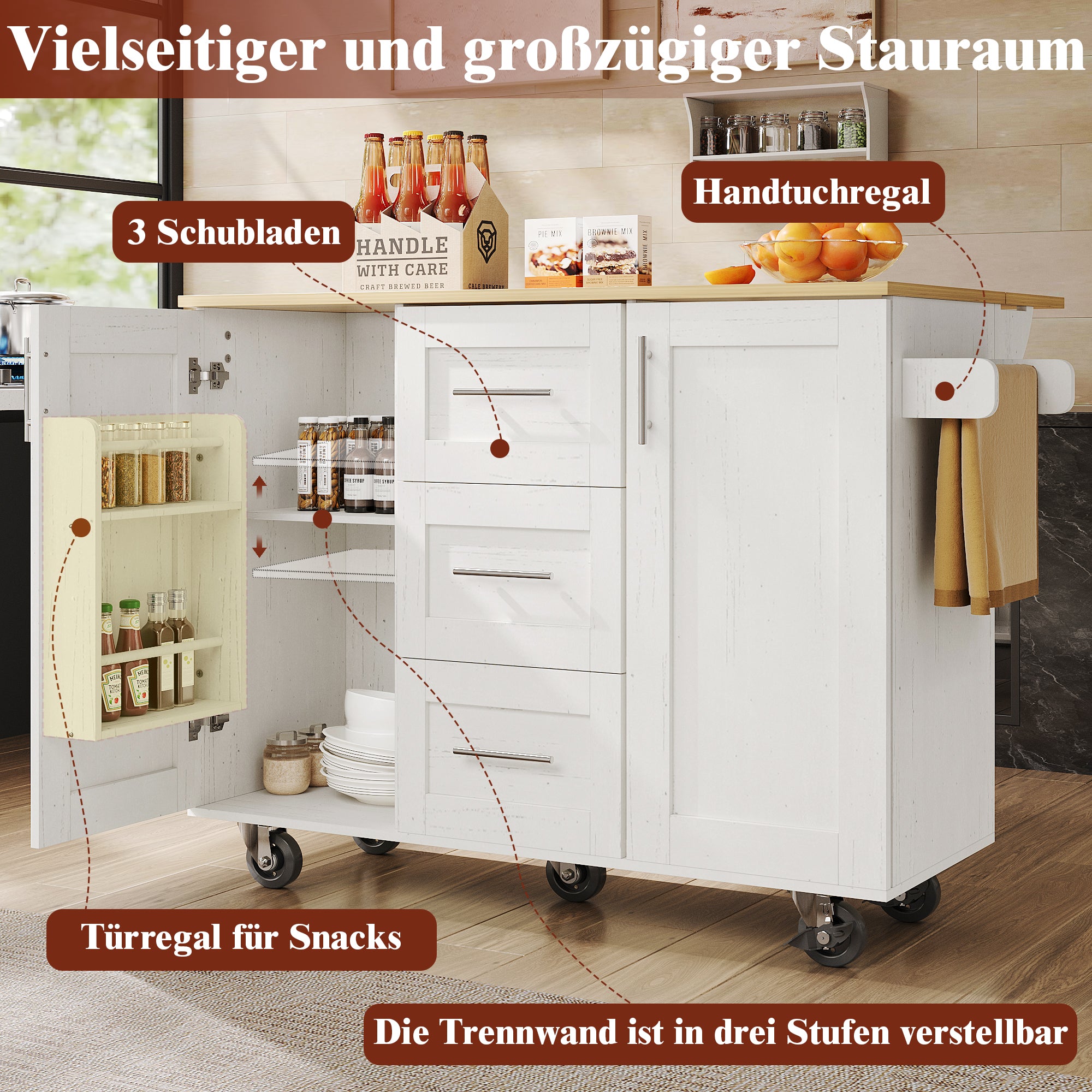 Kitchen Island Mobile Worktop Storage Removable Partitions - White