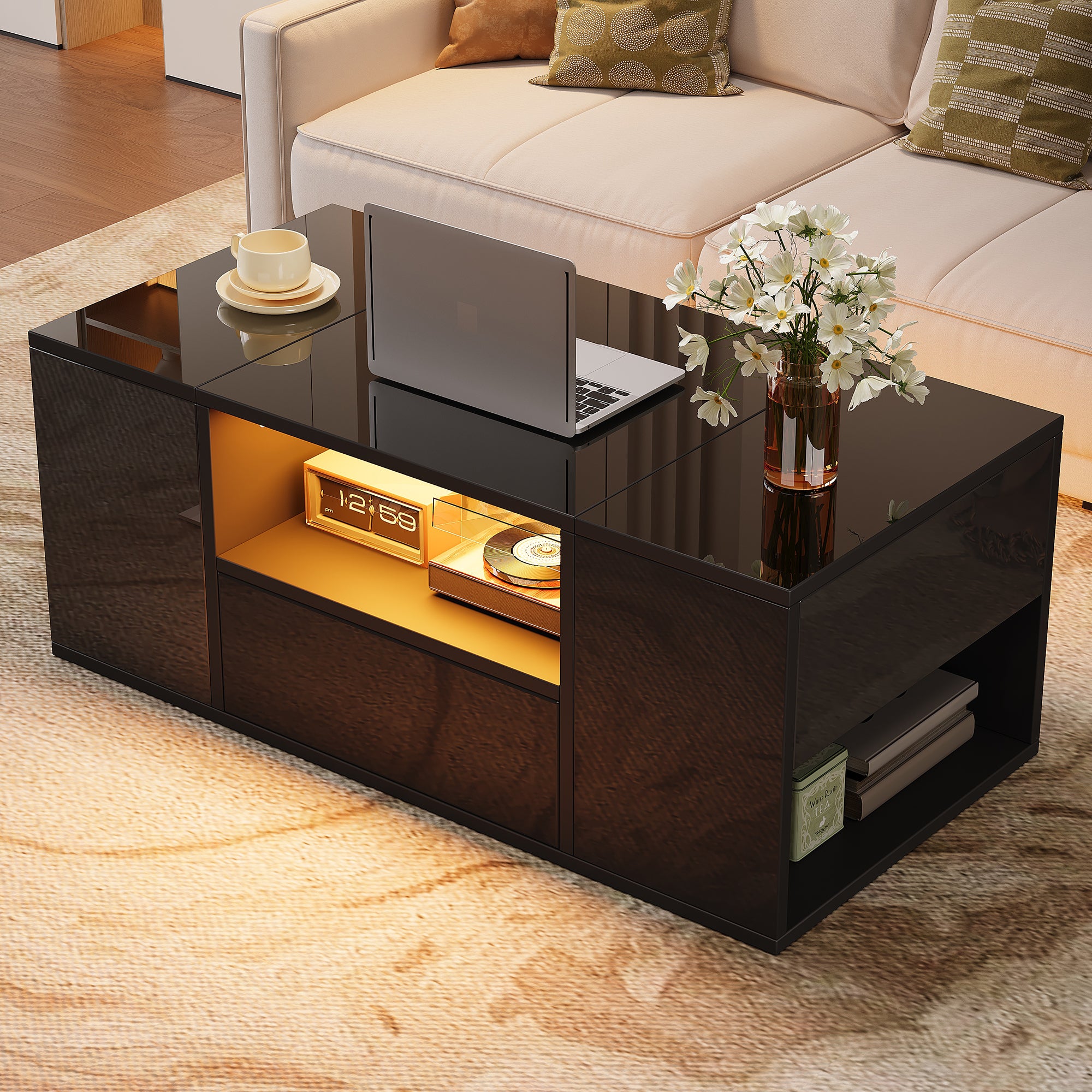 Coffee Table 100x50x40cm High-Gloss LED 1 Drawer 2 Cabinets - Black